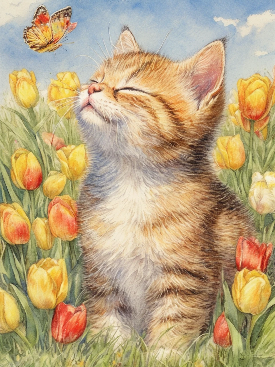 A contented orange tabby kitten sits among blooming tulips, eyes closed and face lifted towards the sky, as if savoring the warmth of the sun. The tulips in shades of yellow and red add vibrant splashes of color to the lush green grass. A delicate butterfly flutters nearby, enhancing the joyful and serene atmosphere of this sunny scene,
ddpapa,<lora:Detail_Adamov_V1:0.7>,, masterpiece, best quality,