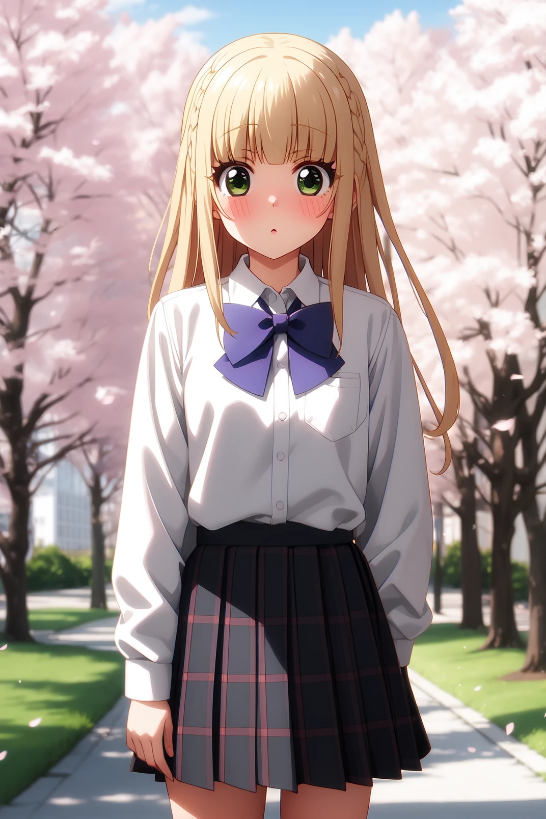 solo, masterpiece, best quality, outdoors, street, cherry blossoms, cowboy shot, standing, blush, :o, closed mouth, looking at viewer, Izumi, green eyes, blonde hair, long hair, blunt bangs, school uniform, collared shirt, long sleeves, purple bow, grey skirt, pleated skirt, plaid skirt, black socks, white sneakers