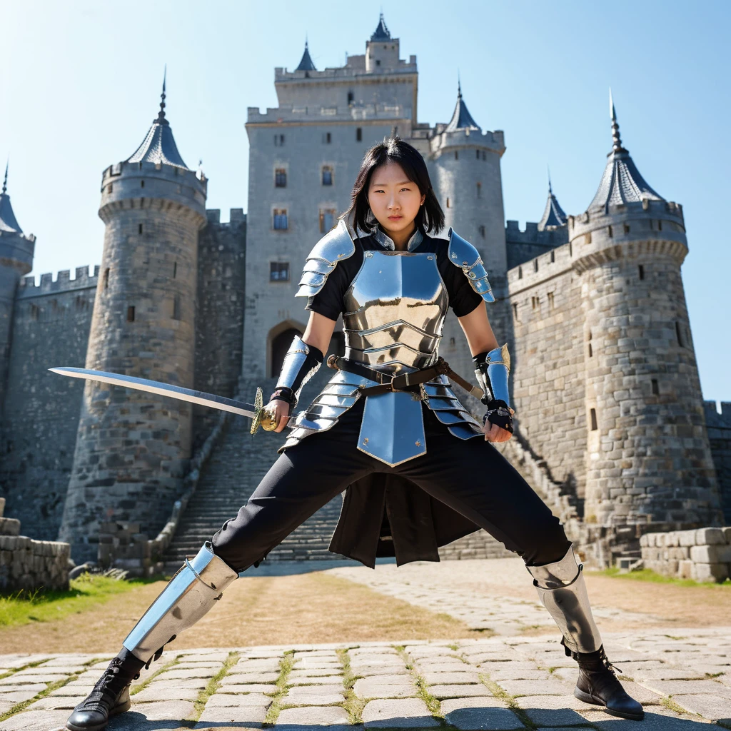 Full image of black hair Asian FEMALE WARRIORin shiny ARMOR swinging sword in murderous rage , detailed skin, wearing jewellery, masterpiece, in front of a huge castle, extremely detailed, sunny day, best quality, High quality glamour in Random, random location, random clothing,  ultra HQ professional realism photography, DSLR travel photo at Thumbnail for Okazaki Castle