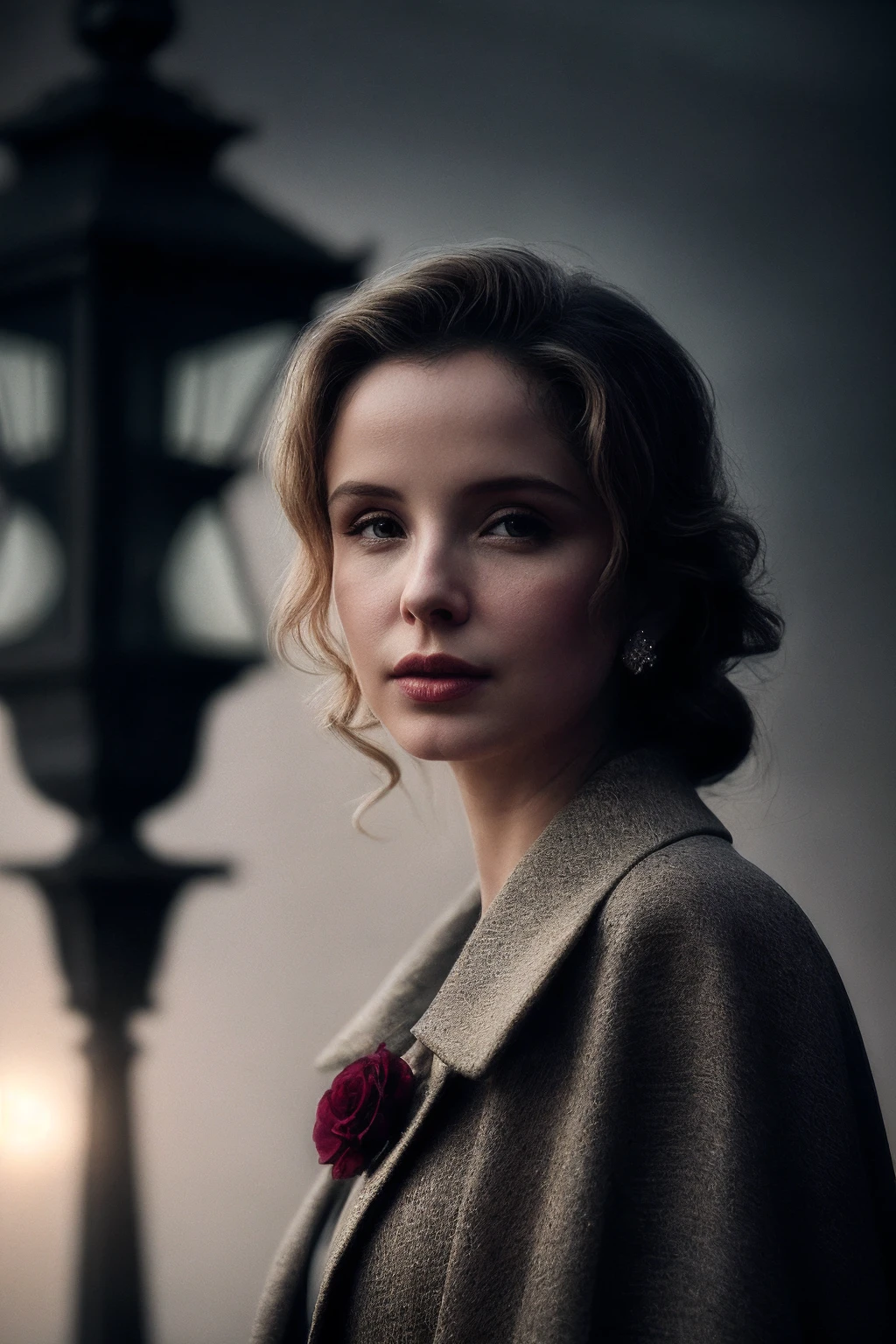 JulieD_SoloTI_v1,
(In an elegant, tailored coat, adorned with a vintage brooch, exuding a timeless and graceful charm), (On a misty bridge at dusk, with lampposts casting a soft glow and the river flowing quietly beneath, enveloping the moment in poignant nostalgia:1.3), (seductive:1.3),(analog, cinematic, film grain, hazy atmosphere, cinematic shot:1.3),
<lora:add_detail:0.6>, PA7_Portrait-MCU,
