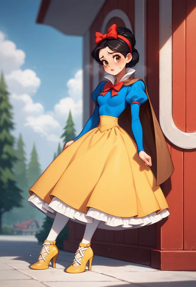 score_9,score_8_up,score_7_up, 
1girl, Snowwhite, Disney, \(Snow White and the Seven Dwarfs\)/,(ultra HD quality details), brown eyes, black hair, bobbed hair, pale skin, rosy red lips, rosy cheeks
blue sleeves with red slashing, puffy sleeves, yellow skirt, laced petticoat, white stockings, dress, white high collar,
brown cape with a red interior, bow-like ribbon, long skirt, high-heeled shoes, yellow shoes,
solo, outdoors, depth of field, blushing, on a date, beautiful, skin tight, tank top, short shorts, sweat,