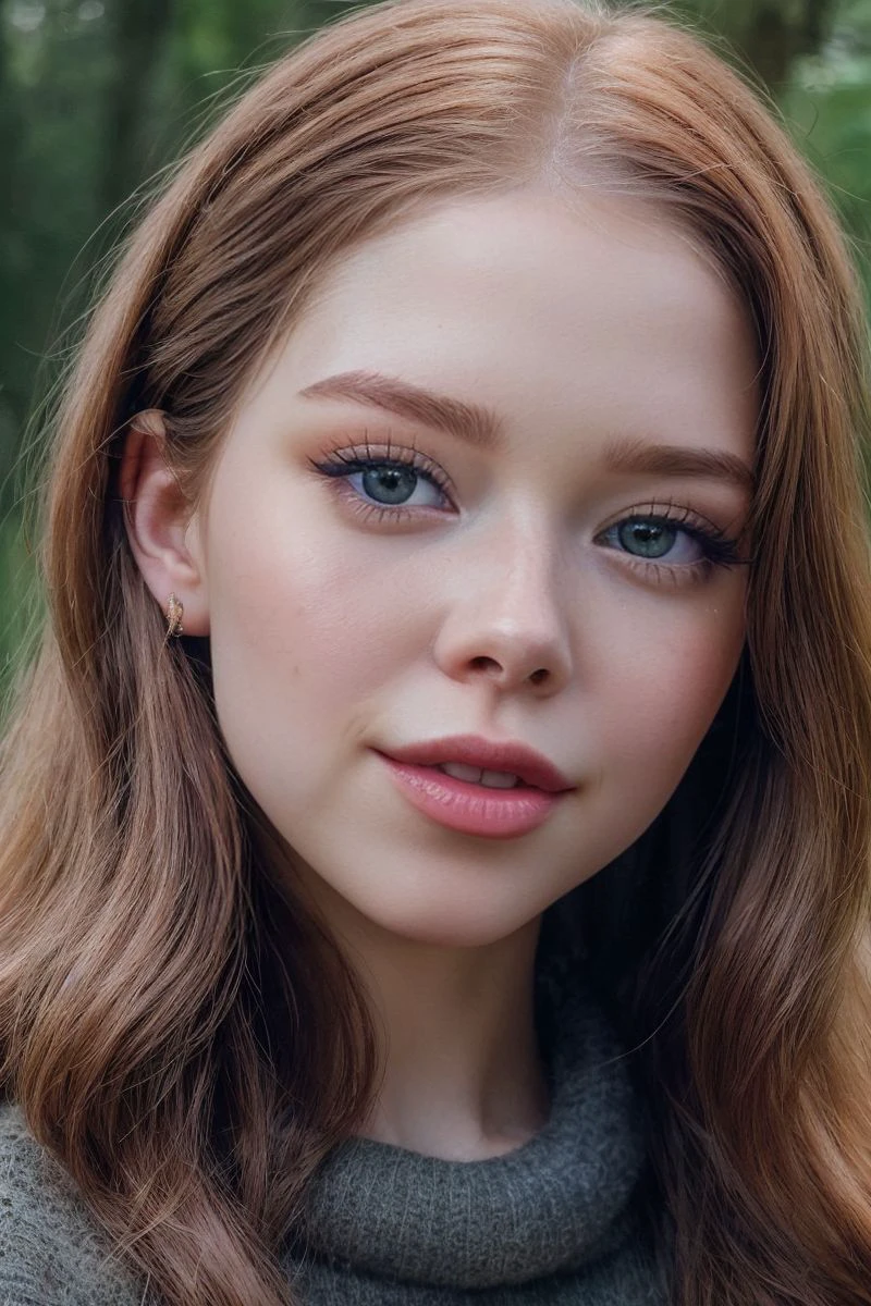 closeup headshot of S437_LidiiaFilippova,a beautiful woman,in a (forest:1.1),wearing a (sweater),(updo-hair),(4k, RAW photo, best quality, 50mm, depth of field, ultra high res:1.1),(intricate, photorealistic, cinematic-shot, masterpiece, ultra-detailed:1.1),