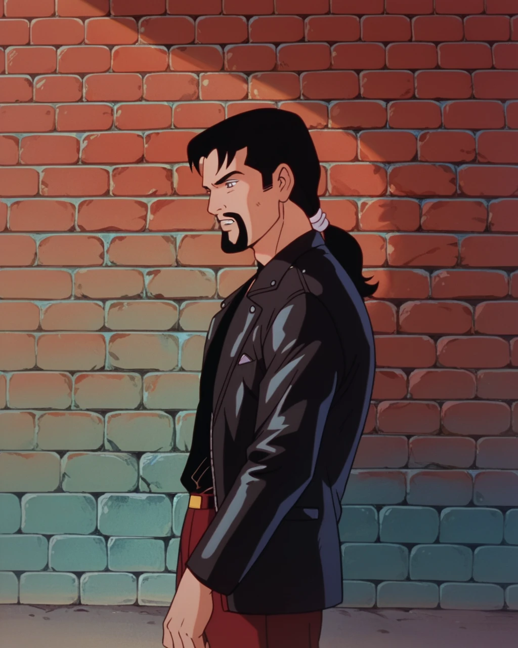 score_9, score_8_up, score_7_up, zPDXL, <lora:Scooby-Doo_1999_style:0.85> SD90style, retro artstyle, source_cartoon, 2D, 1boy, leather jacket, black hair, long hair, brick wall, leaning against