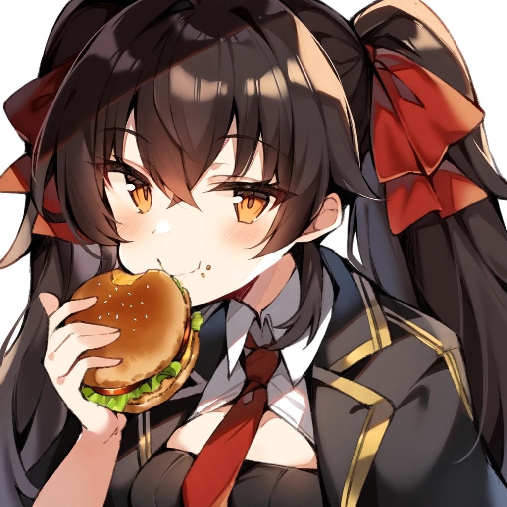 1girl, solo, 1girl, solo, type97, dark brown hair, amber eyes, twintails, long hair, red hair ribbon, black dress, black cloak, red necktie, smile, neutral, thumbs up, eating burger, upper body, portrait, mature female, adult, <lora:Type97XL:0.9>