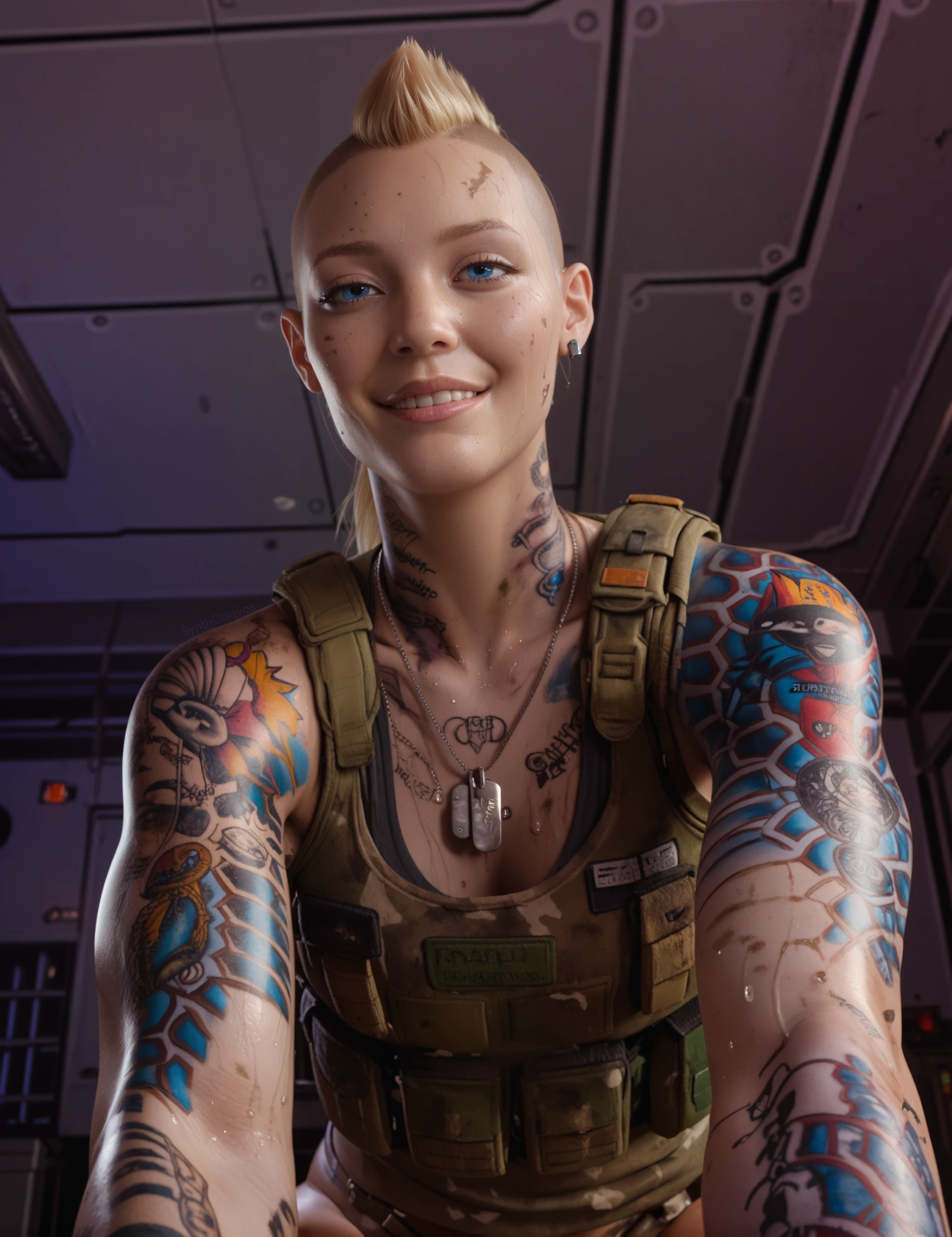 <lora:Zdinarsk_Z-Dog:0.6> zdinarsk, female, tattooed, blue eyes, blonde hair,  beautiful woman, human, athletic, dogtags, mohawk, dirty, futuristic military base background, indoors, aiming a gun to the viewer, seen from below, making a angry face with your tongue out, score_9, score_8_up, score_7_up, score_6_up, score_5_up, score_4_up