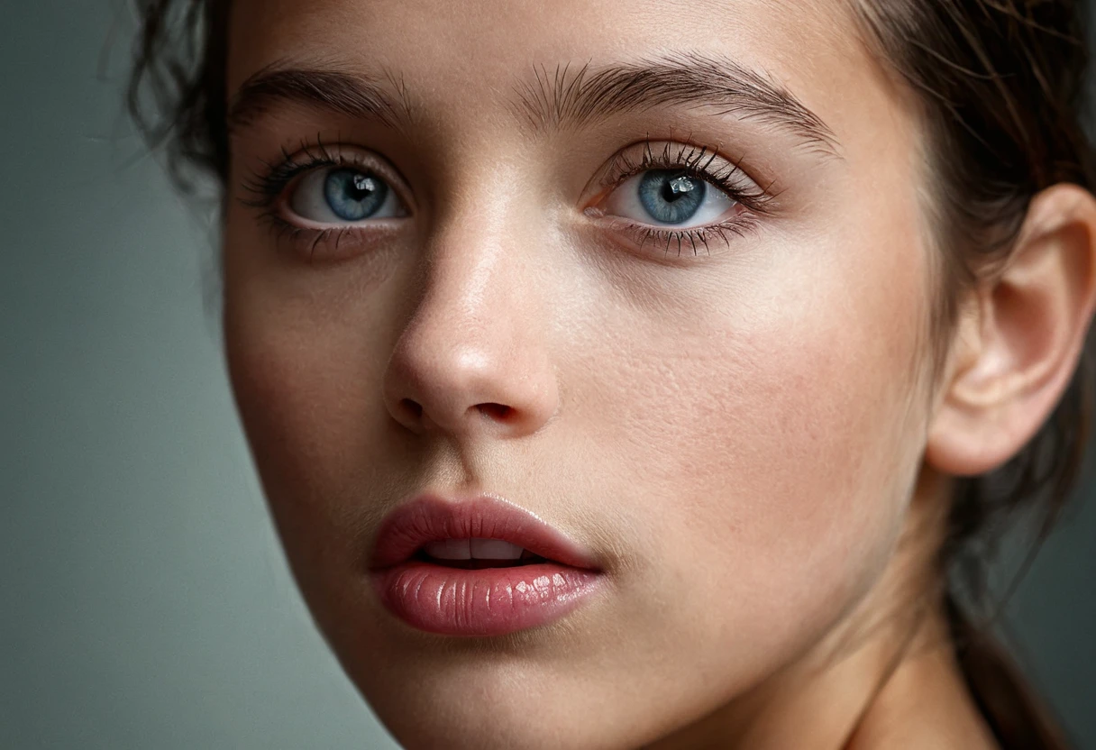 (RAW high-end (telephoto lens) photography by Martin Deschambault, Hassleblad camera), beautiful light, color corrected, symmetrical composition. girl's gorgeous ((wide slightly apart)) lips close-up, (natural human skin with visible pores and minor blemishes, very detailed, cluttered skin:0.1)
