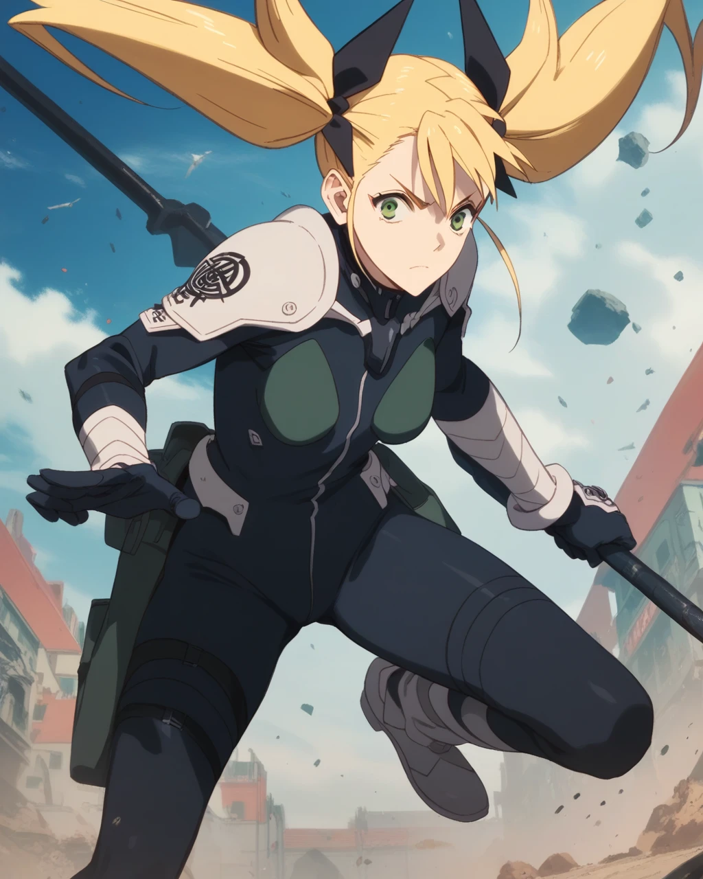 score_9, score_8_up, score_7_up, score_6_up, score_5_up, score_4_up, source_anime, screenshots, kikoru, 1girl, blonde hair, twintails, green eyes, hair ribbon, black ribbon, bangs, bodysuit, armor, <lora:KikoruShinomiya_PonyXL-000025:1>, 
holding weapon,