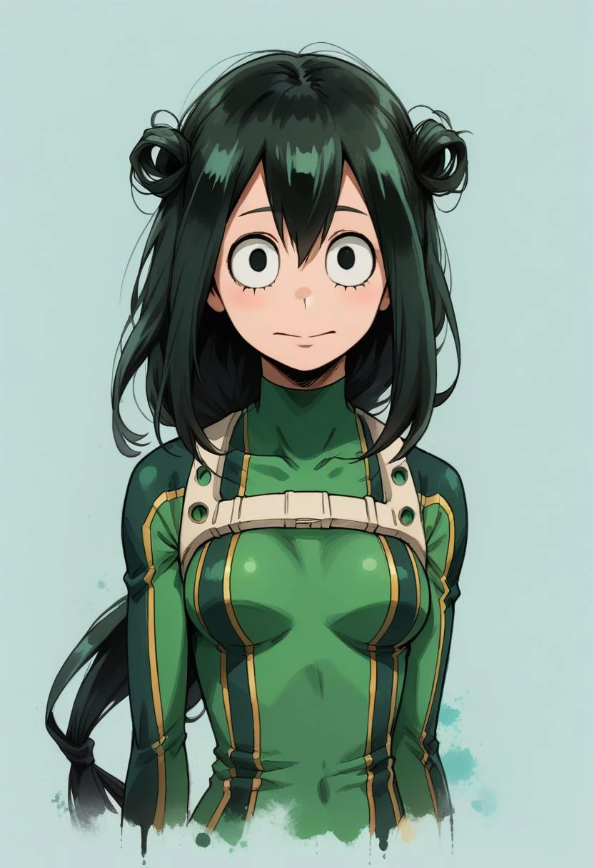 Faded Headshot, faded bottom, faded edges ,score_9,score_8_up,score_7_up,score_6_up,score_5_up, rating_safe,
1girl, Tsuyu Asui, \(My Hero Academia\)/,(ultra HD quality details), long hair, black hair, black eyes, low-tied long hair, hair rings,
gloves, bodysuit, green bodysuit,
(skinny), cute, firm breasts, (petite girl),  pretty girl, vivid colors, 
beautiful, centered, looking at the camera, approaching perfection, dynamic, moonlight, highly detailed, watercolor painting, artstation, concept art, smooth, sharp focus, illustration, 
small breasts, deep cleavage,