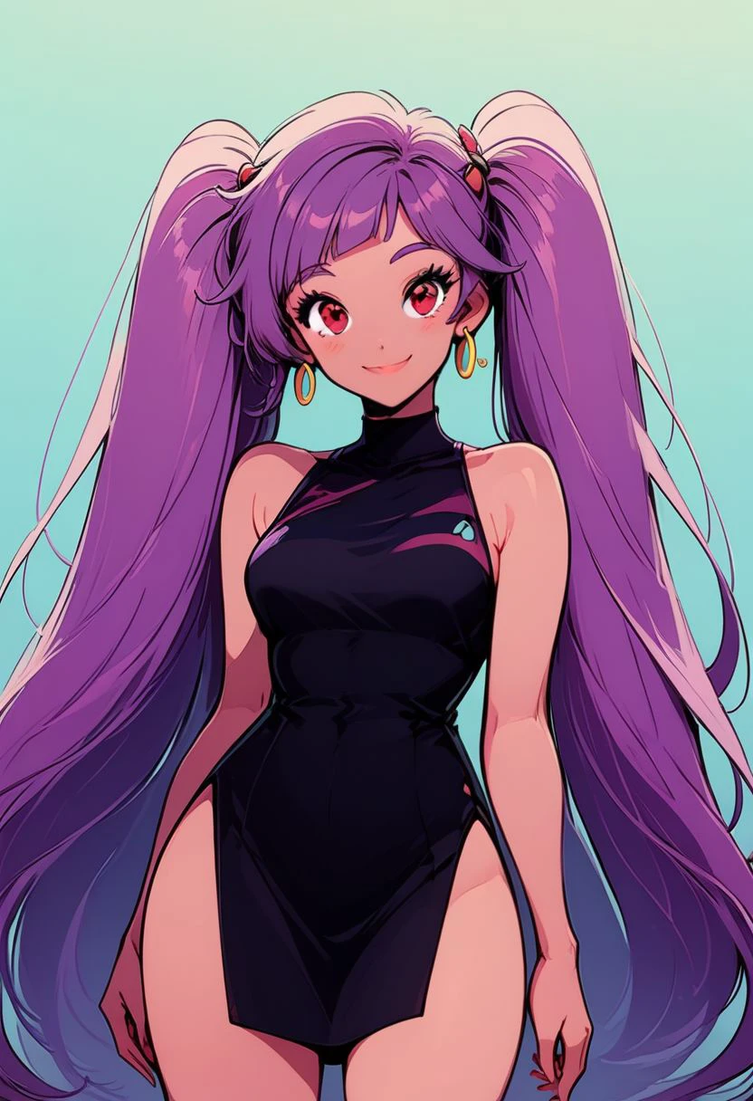 score_9, score_8_up, score_8, medium breasts, (curvy), cute, eyelashes,       
BREAK, 
zzEntrapta, red eyes, purple hair, long hair, twintails, very long hair,
breasts, looking at viewer, blush, smile, bangs, dress, bare shoulders, jewelry, medium breasts, very long hair, closed mouth, standing, cowboy shot, earrings, sleeveless, black dress, bare legs, sleeveless dress, side slit, hoop earrings, text, text in background,
zPDXL,