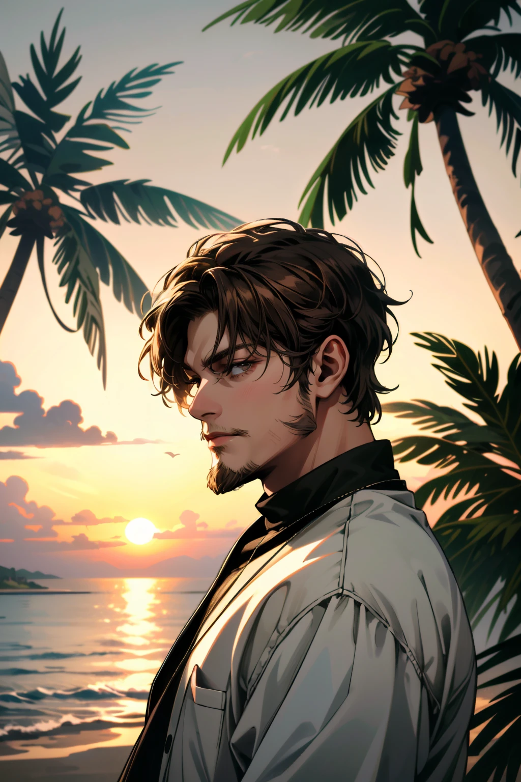 ((ultra detailed, masterpiece, absurdres))
 <lora:DSSamP:0.8>
DSSamP, 1boy, brown hair, short hair, beard, at the beach, casual clothing, palm trees, sundown