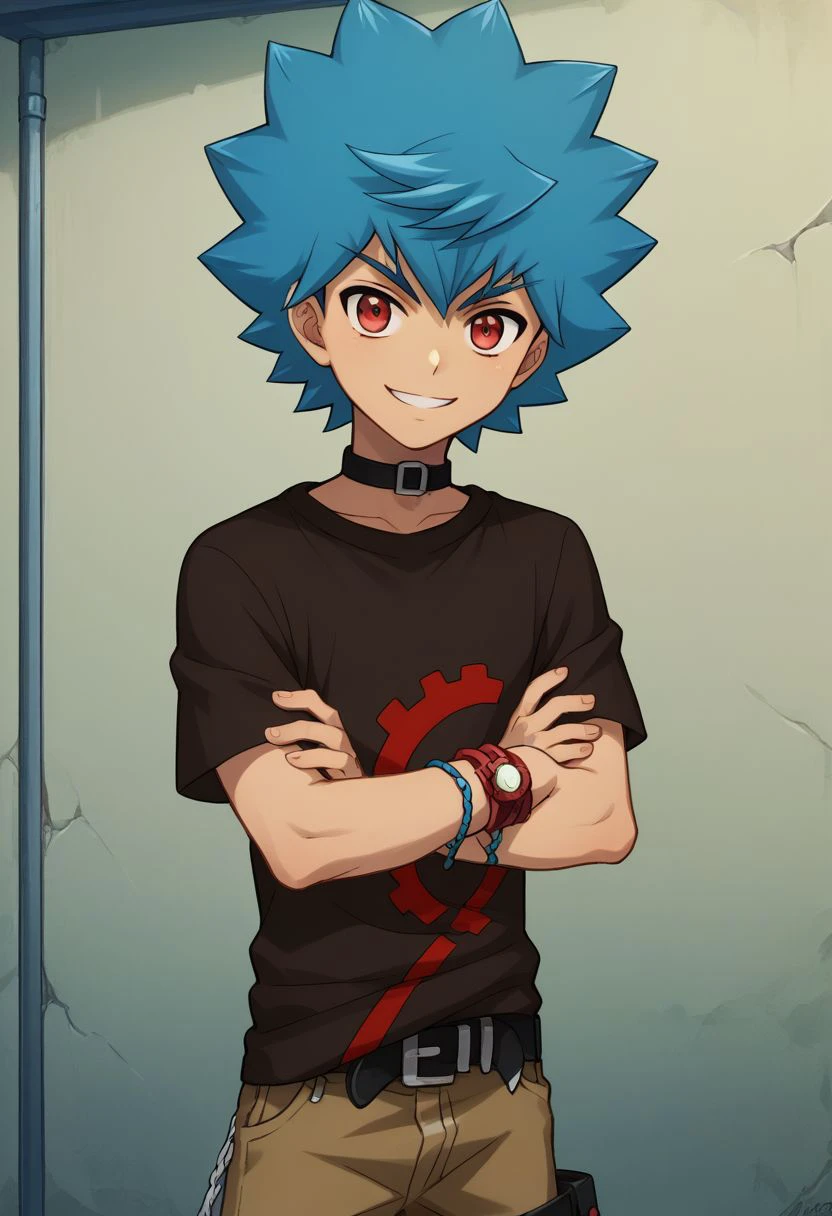 score_9, score_8_up, score_7_up, source_anime, highly detailed, 
luke, 1boy, male focus, solo, blue hair, red eyes, smile, spiked hair, belt, t-shirt, jewelry, shirt, printed t-shirt, looking at viewer, bracelet, pants, crossed arms,
outdoor,