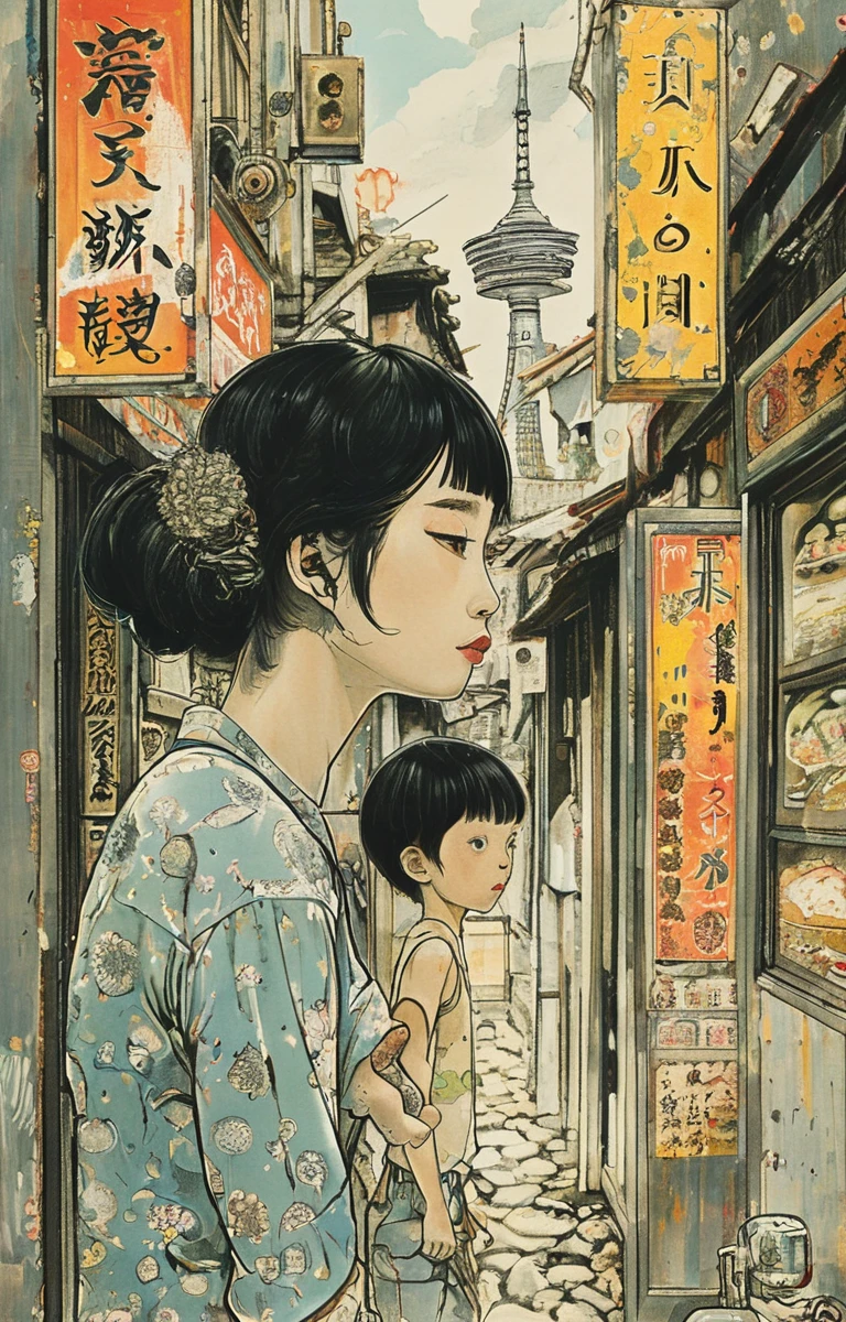 masterpiece,best quality,<lora:tbh204-sdxl:0.9>,illustration,style of Yuko Shimizu portrait of family