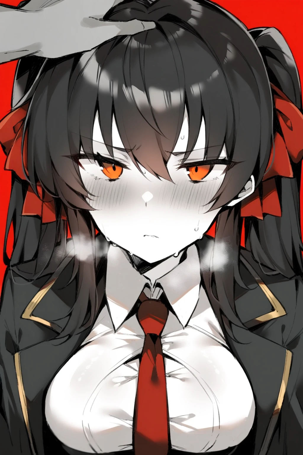 1girl, solo, type97, dark brown hair, amber eyes, twintails, long hair, red hair ribbon, black dress, black cloak, red necktie, death stare, stern, sweating, heavy breathing, (1boy, pov, headpat:1.3), upper body, portrait, mature female, adult, red background, (spot color, monochorome, greyscale with colored background, greyscale), <lora:Type97XL:0.9>