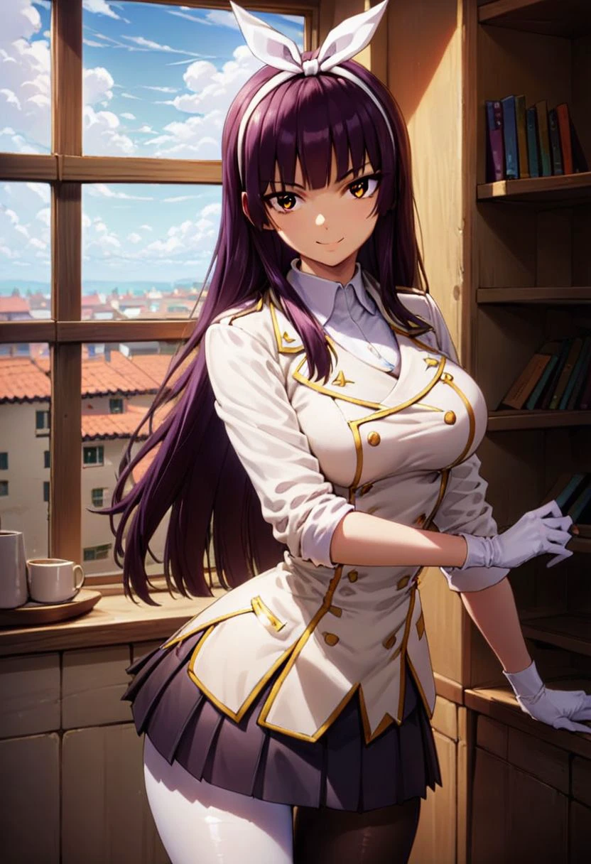 score_9, score_8_up, score_7_up, score_6_up, score_5_up, score_4_up,
hairband, smile, blunt_bangs, white_skirt, bangs, bookshelf, panties, pleated_skirt, black_pantyhose, gloves, white_pantyhose, purple_hair, white_ribbon, jacket, 1girl, day, military, shirt, sleeves_rolled_up, long_sleeves, yellow_eyes, large_breasts, pantyshot, cloud, brown_eyes, window, indoors, black_skirt