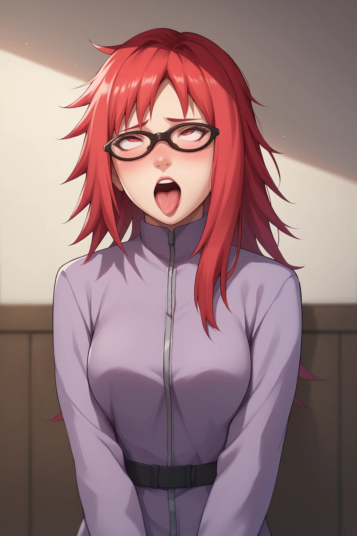 score_9, score_8_up, score_7_up, score_6_up, score_5_up, score_4_up, KarinUzumakiSXL, black glasses, red eyes, red hair, two-tone hair, long hair, sidelocks, medium breasts, purple jacket, (solo), front view, v arms, (portrait, upper body), solo focus, (ahegao), rolling eyes, open mouth, tongue out, naughty face, nose blush, indoors <lora:KarinUzumakiSXL:0.8>