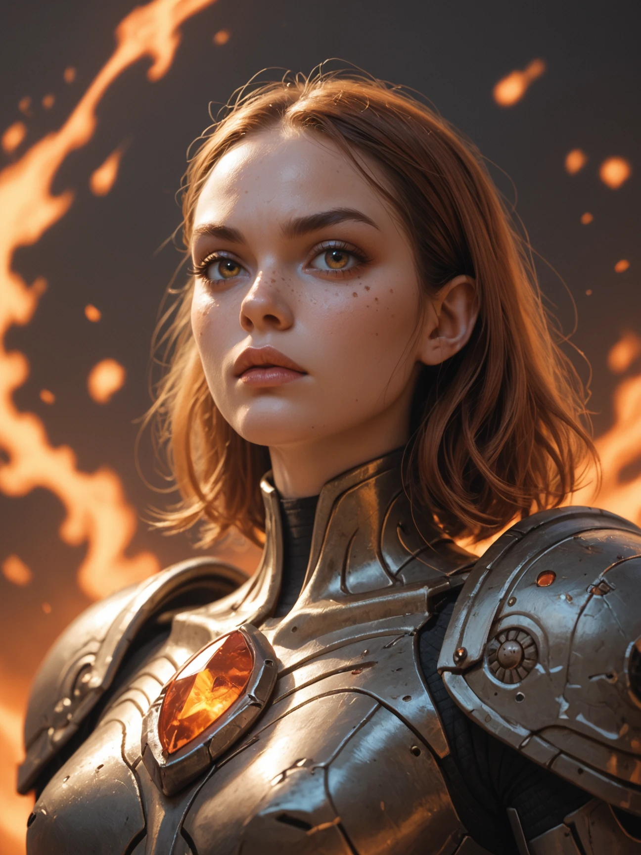 score_9, score_8_up,score_7_up, score_6_up, score_5_up, score_4_up, Alien, female, warrior, armored, metallic, fiery, red, hair, intense, eyes, orange, gem, forehead, freckles, dark, background, ethereal, mysterious, fierce