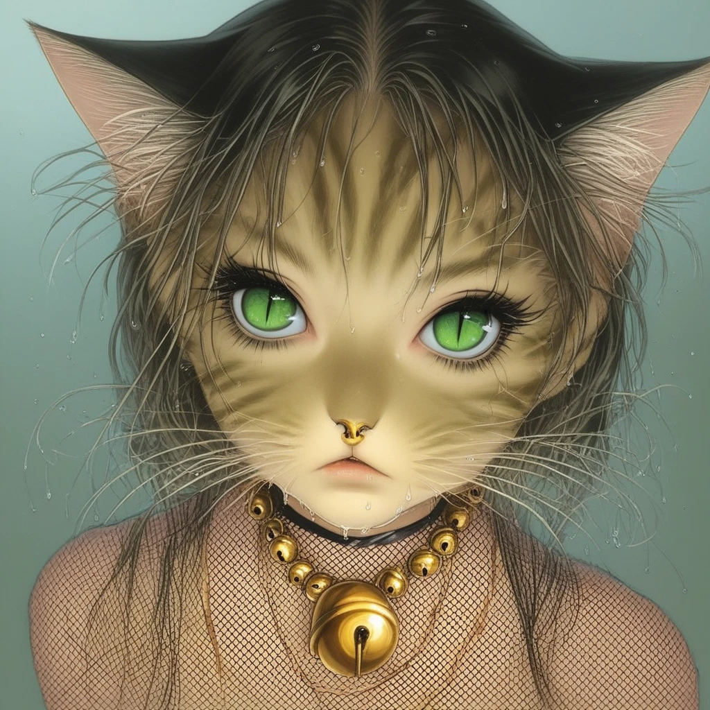 green eyes, bell necklace, gold jewelry, looking up at viewer, eyelashes, glossy nose, fishnet, wet, draped fabric, cat girl