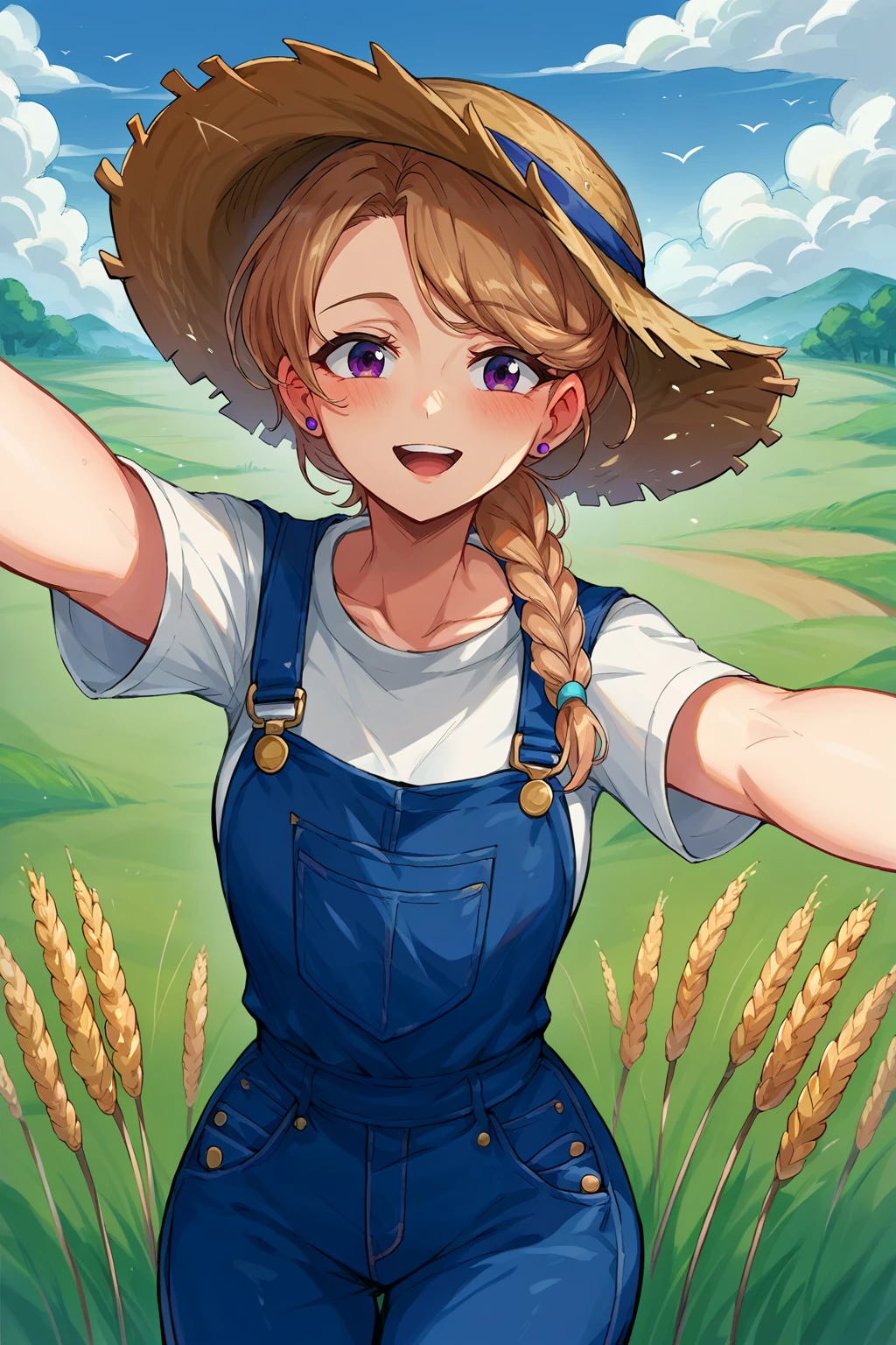 score_9,score_8_up,score_7_up,source_anime, 1girl, solo  <lora:NSJodiStardew:1> NSJodiStardew, light brown hair, purple eyes, single braid, stud earrings, mature, make-up, overalls, heavy blush, straw hat, wheat field, looking at the viewer, outstretched arms, happy