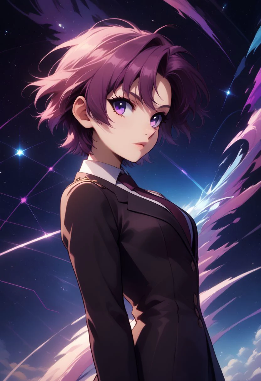 score_9, score_8_up, score_8, medium breasts, (curvy), cute, eyelashes,  rating_safe,
BREAK, 
zzBazett, short hair, purple eyes, purple hair, mole under eye, necktie, formal black suit,
BREAK, 
dynamic angle, stars, floating, colorful, pink, blue eyes, black bow, from side, on back, spaceship, technological,
zPDXL,