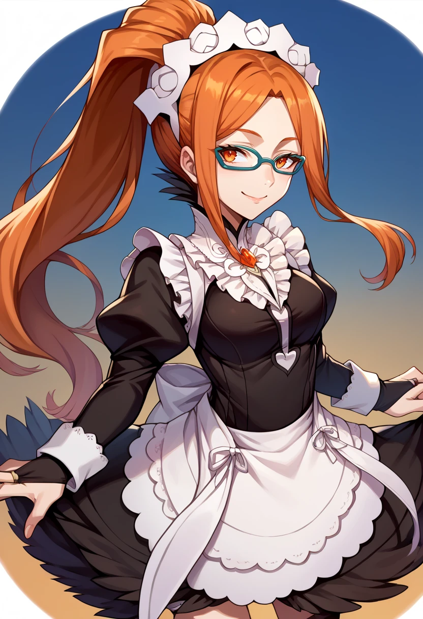 score_9, score_8_up, score_7_up, source_anime BREAK solo, 1girl, <lora:Hinako-pdxl_Fp-000006:1>, hinakokujou, orange hair, orange eyes, ponytail, hair ornament, smile, cleavage, glasses, <lora:fatesmaid-fe-richy-v1_pdxl:1>,  fates maid, maid headdress, maid apron, bridal gauntlets, black thighhighs,