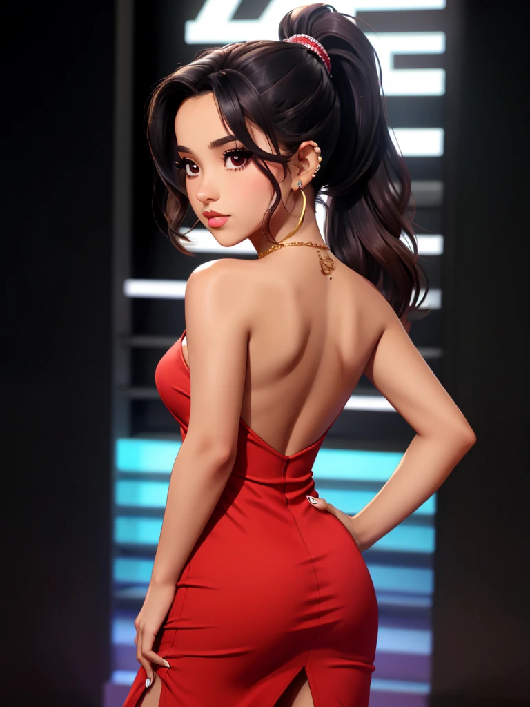 b3ckyg, 1girl, solo, long hair, breasts, looking at viewer, black hair, dress, brown eyes, jewelry, medium breasts, ponytail, earrings, looking back, dark skin, blurry, dark-skinned female, lips, hand on hip, piercing, red dress, ring, ear piercing, backless outfit, backless dress<lora:b3ckyg:1.0>