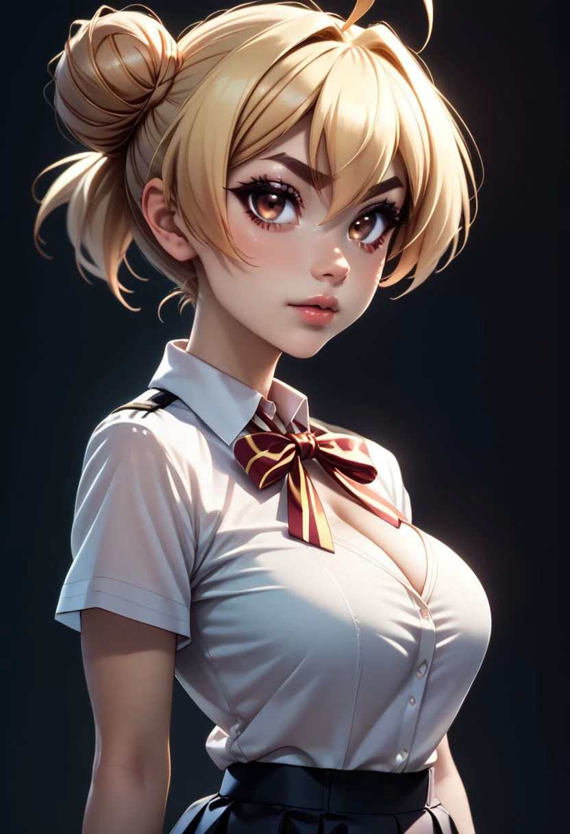 score_9, score_8_up, score_7_up, score_6_up, score_5_up, score_4_up score_9,score_8_up, digital art, upper body shot, realistic 3D illustration, 
(big breasts, cleavage,),
zzgakumazawatatsuko, bangs, blonde hair, hair between eyes, brown eyes, ahoge, hair bun, double bun, thick eyebrows, school uniform, neck ribbon, white shirt, collared shirt, short sleeves, black skirt,
, soft lighting, contemplative expression, dark background, subtle makeup, high-resolution, detailed texture, emotional depth, dramatic mood, side profile, serene atmosphere, cinematic lighting. perfectly round breasts, big breasts, firm breasts, SkinHairDetail, eye contact, looking at viewer,