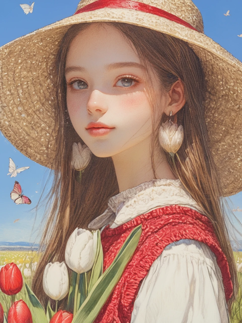 A young person with long hair,wearing a wide-brimmed hat and a red vest over a white shirt. They are standing in a field of white tulips,holding a bunch of tulips,with butterflies in the background and a serene expression against a clear blue sky,
ddpapa,<lora:Detail_Adamov_V1:0.7>,, masterpiece, best quality,