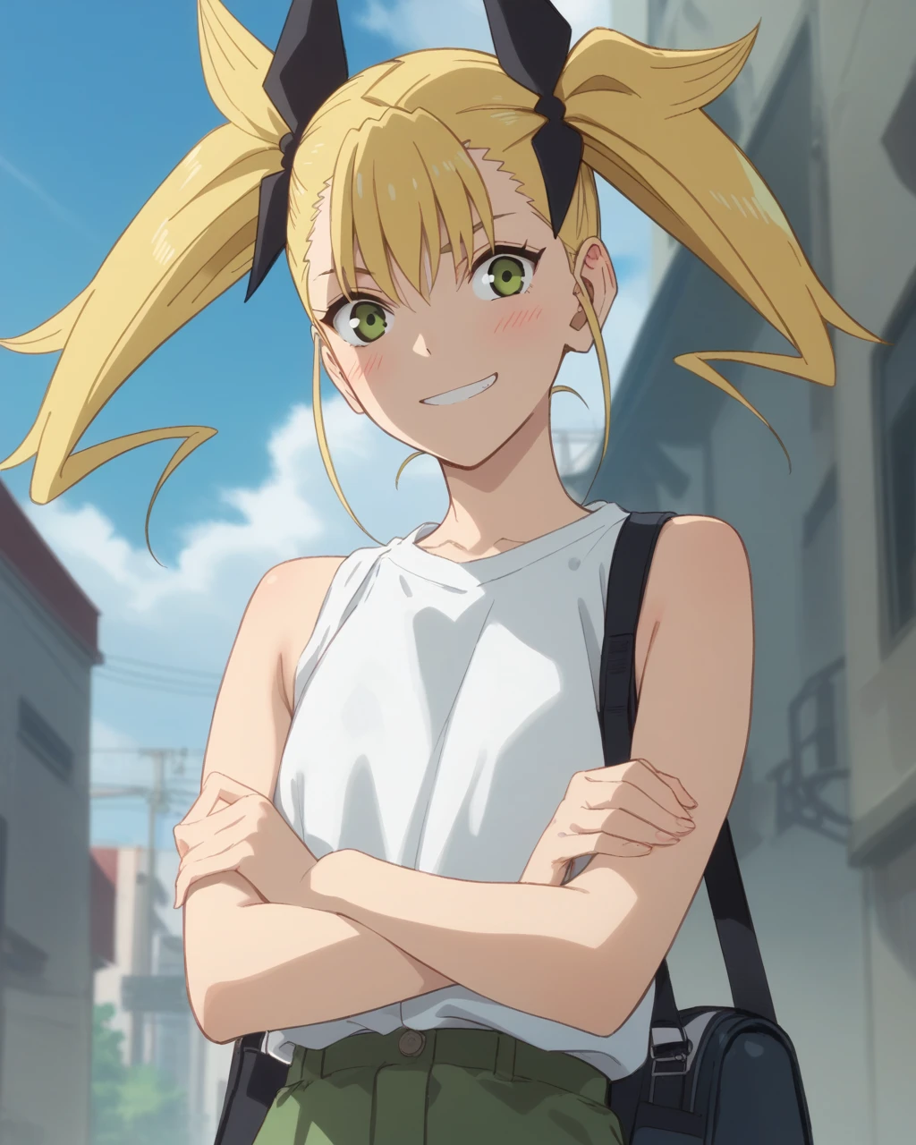 score_9, score_8_up, score_7_up, score_6_up, score_5_up, score_4_up, source_anime, screenshots, kikoru, 1girl, blonde hair, twintails, green eyes, hair ribbon, black ribbon, bangs, white shirt, sleeves rolled up, bare shoulders, smile, blush, <lora:KikoruShinomiya_PonyXL-000025:0.9>