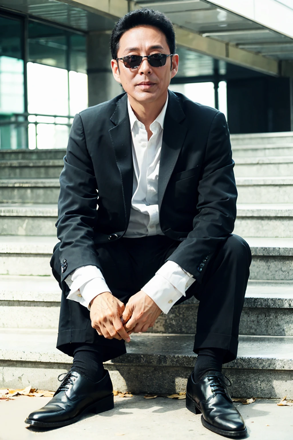 <lora:daoming1.0:0.75>,daoming,1boy,solo,male focus,looking at viewer,black hair,very short hair,facial hair,sunglasses,
white shirt,collared shirt,long sleeves,necktie,black jacket,black suit,black pants,black footwear,socks,
own hands together,interlocked fingers,sitting,spread legs,sitting on stairs,
stairs,
masterpiece,best quality,ultimate details,highres,8k,wallpaper,extremely clear,realistic,photorealistic,