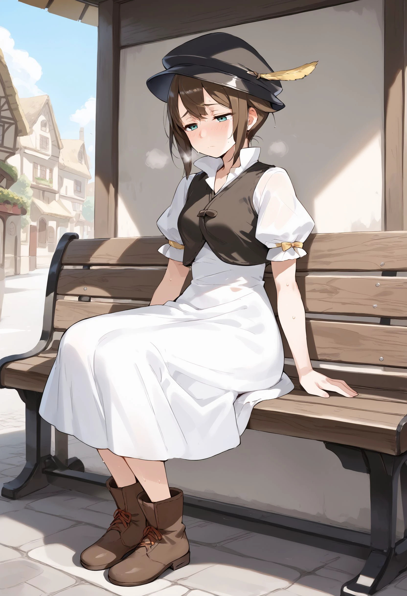 score_9, score_8_up, score_7_up, score_6_up, BREAK source_anime, best quality, masterpiece,
1girl,<lora:tressa colzionePonyXL:0.8>,tressa colzione,hat,hat feather,vest,dress,boots,full body,sitting on bench,tired,half-closed eyes,sweat,village,