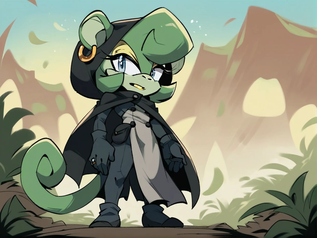 score_9, score_8_up, score_7_up, score_6_up, score_5_up, score_4_up, source_furry, rating_safe, <lora:Claire_Voyance_Sonic_PonyXL:0.6> claire voyance, solo, clothing, mammal, ear piercing, piercing, anthro, green body, cloak, footwear, green fur, fur, ear ring, hood, ring piercing, standing, topwear, green hair, monkey, howler monkey, tail, curled tail, mobian, female, sonic the hedgehog (comics), yellow lipstick, yellow eyeshadow, sonic the hedgehog (series), blue eyes, detailed background, in a jungle, science fiction, short stack, small breasts,