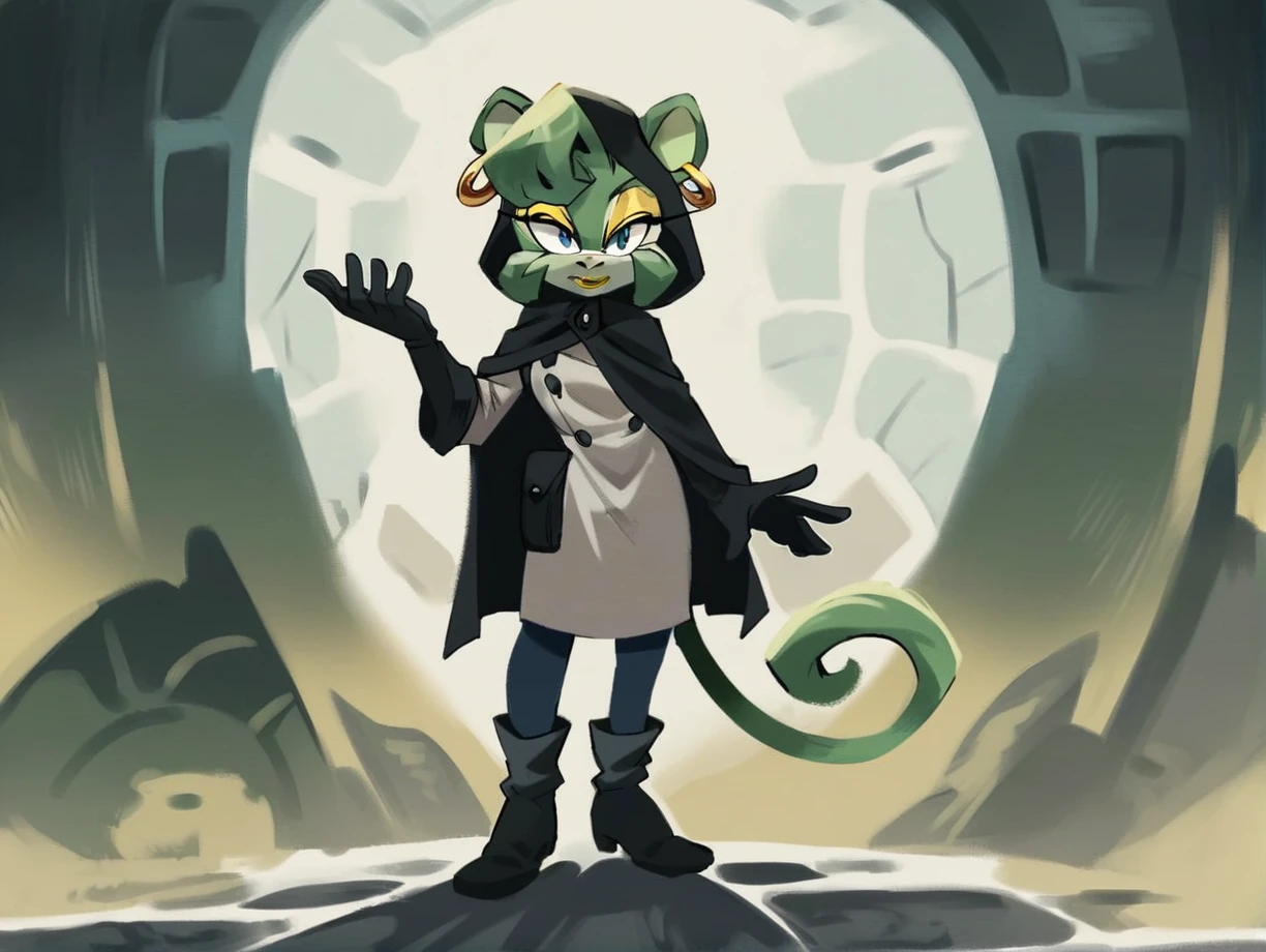 score_9, score_8_up, score_7_up, score_6_up, score_5_up, score_4_up, source_furry, rating_safe, <lora:Claire_Voyance_Sonic_PonyXL:0.6> claire voyance, solo, clothing, mammal, ear piercing, piercing, anthro, green body, cloak, footwear, green fur, fur, ear ring, hood, ring piercing, standing, topwear, green hair, monkey, howler monkey, tail, curled tail, mobian, female, sonic the hedgehog (comics), yellow lipstick, yellow eyeshadow, sonic the hedgehog (series), blue eyes, detailed background, in a spaceship, science fiction,