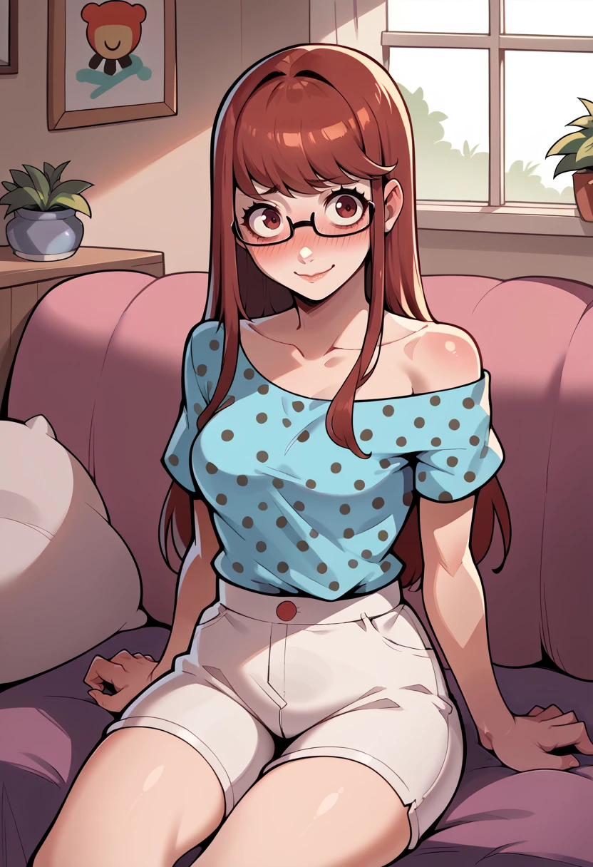 score_9, score_8_up, score_7_up, BREAK 1girl, sitting, nervous smile, blush, looking at you, <lora:KasumiP5-pdxl:1> casSumi, long hair, hair down, glasses, polka dot shirt, medium breasts, off shoulder, short sleeves, white shorts, indoors, bedroom