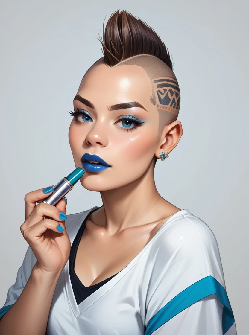 score_9, score_8_up, score_7_up, score_6_up, score_5_up, score_4_up,  source_anime, 1girl, realistic, solo, Faded Mohawk with Shaved Designs , hud_lpstk, blue lipstick tube, applying makeup, <lora:hud_lpstk_XLP:0.6>, facing viewer,