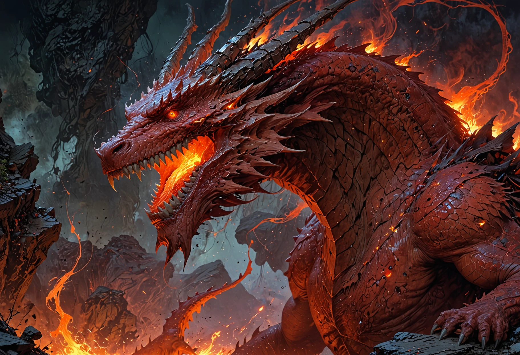 dungeons and dragons art, fantasy art, fantasy illustration, Klauth the eldest red dragon alive and the most powerful, scar on its face, volcanic, fire aura, perfect anatomy, approaching perfection, dynamic, highly detailed, smooth, sharp focus, art by Carne Griffiths and Wadim Kashin, trending on artstation, sharp focus, intricate details, highly detailed, by greg rutkowski, mysterious, epic, cinematic, digital art, 4k, <lora:EpicF4nta5yXL:0.8>