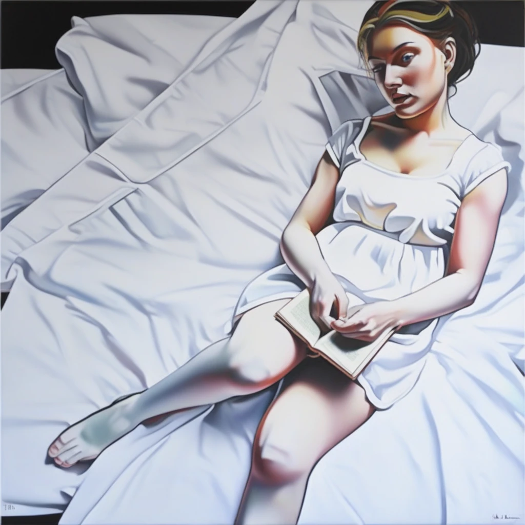 the style aims for an artistic rather than explicit portrayal through the use of lighting, characteristic of surrealist or expressionist art movements that aimed to depict subjective inner experiences rather than objective realism.  The title of this painting is "Best Friends, which takes up a significant portion of the frame. She is holding a large, white dress that accentuates her figure and her legs are crossed. She has her left hand on her calf. Her hair is styled elegantly, This painting depicts a woman posing sitting on a bed or couch that is covered in white sheets. She is wearing a short, there is an open book displaying images and text. The overall style is visually striking and evocative of pop art or comic book aesthetics.