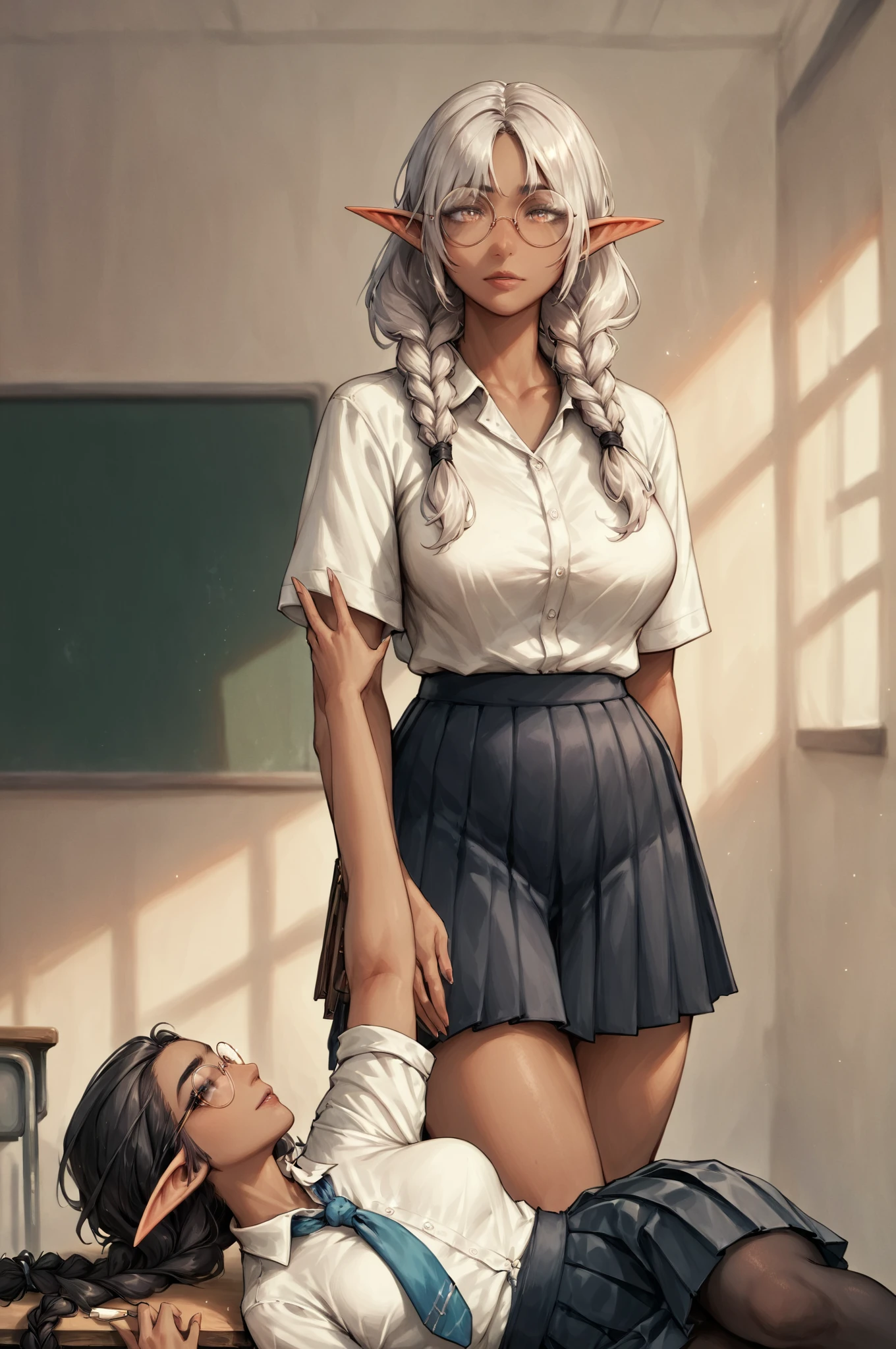 score_9, score_8_up, score_7_up, score_6_up, score_5_up, score_4_up,dark_elf, (grey_skin:1.2) , sagging_breasts, round_eyewear, twin_braids, blouse, pleated_skirt, classroom, looking_at_viewer,  <lora:IPLperEpoch32Dim-000006:0.99> ipg, 2girls, , (high quality, detailed, beautiful)