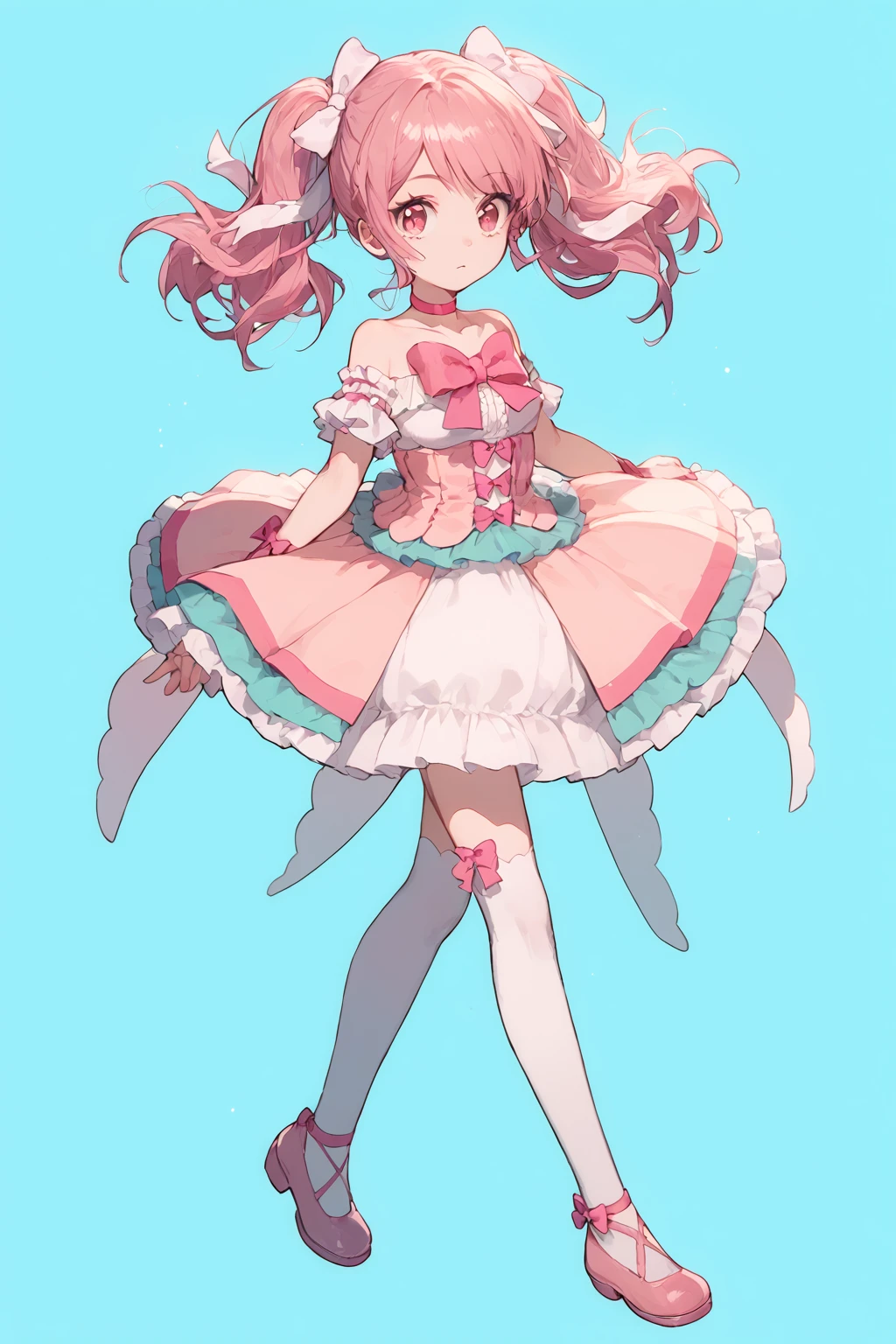 score_9,score_8_up,score_7_up,score_6_up,score_5_up,score_4_up,<lora:aya:0.8>,maruyama aya, 1girl, solo, pink hair, wrist bow, twintails, bow, pink eyes,pink footwear,full body, white thighhighs, bangs,pink choker, shoes, sidelocks, hair bow, strapless dress, arm ribbon