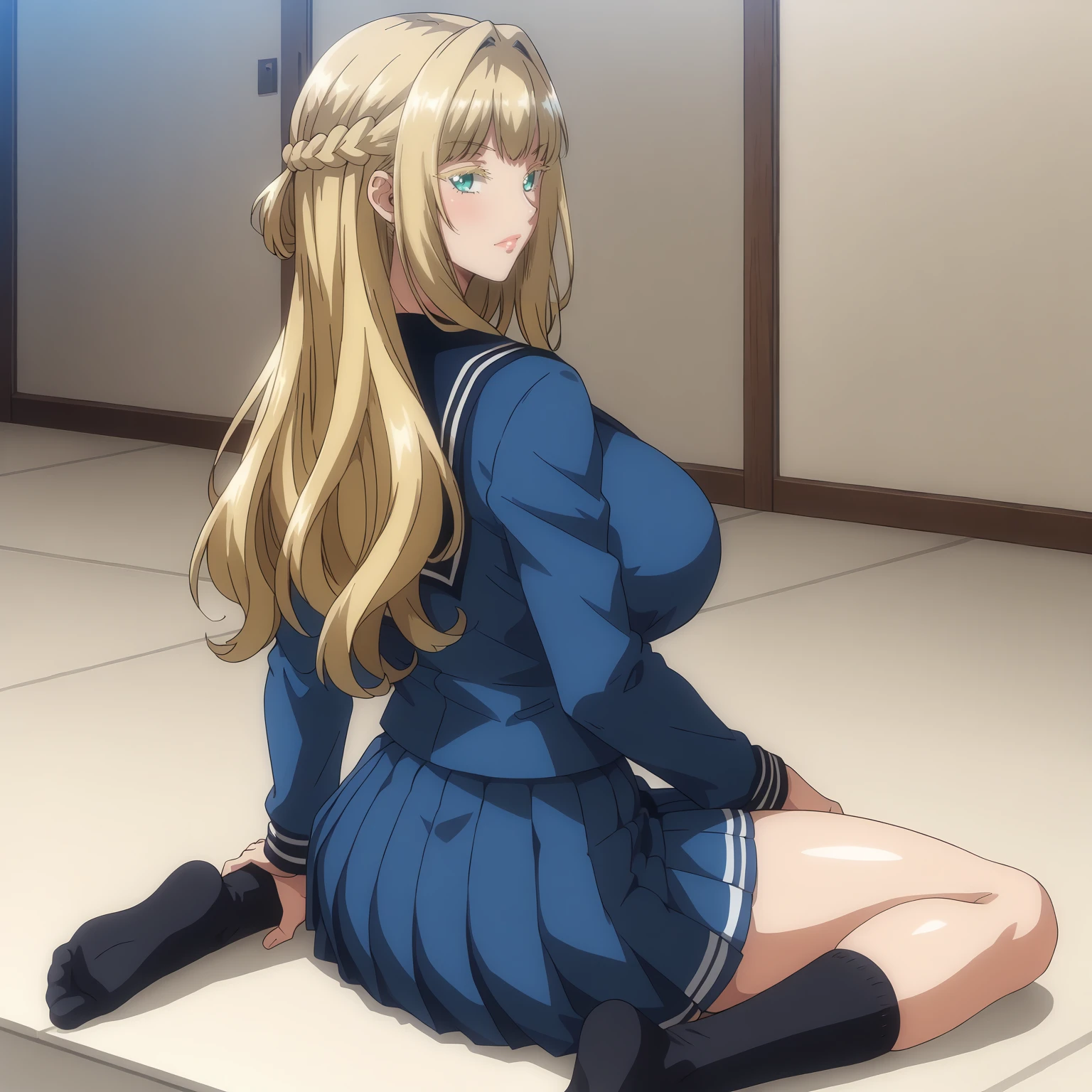 <lora:LouisaRichterXLpony001>,
solo,
LouisaRichter,1girl,blonde hair,long hair,french braid,colored eyelashes,aqua eyes,
large breasts,
blue serafuku,long sleeves,
pleated_skirt,blue skirt,
black socks,
full body,sitting,looking back,