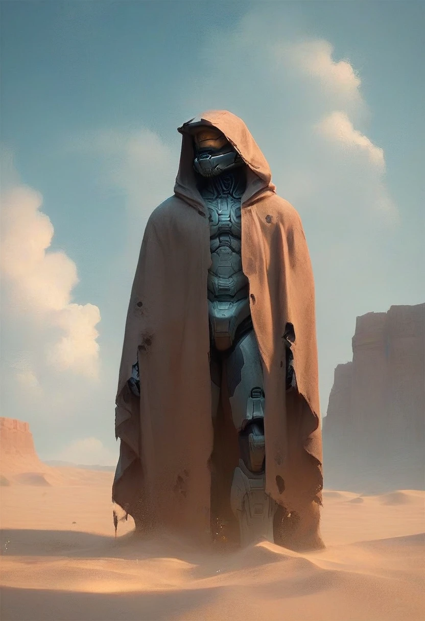 score_9,score_8_up,score_7_up,<lora:MasterChief_PonyXL-000014:1>,master_chief, spartan, desert, cloak, hood, solo, science fiction, 1boy, sky, hooded cloak, outdoors, day, male focus, robot, cloud, hood up, standing, no humans, brown cloak, sand, dust