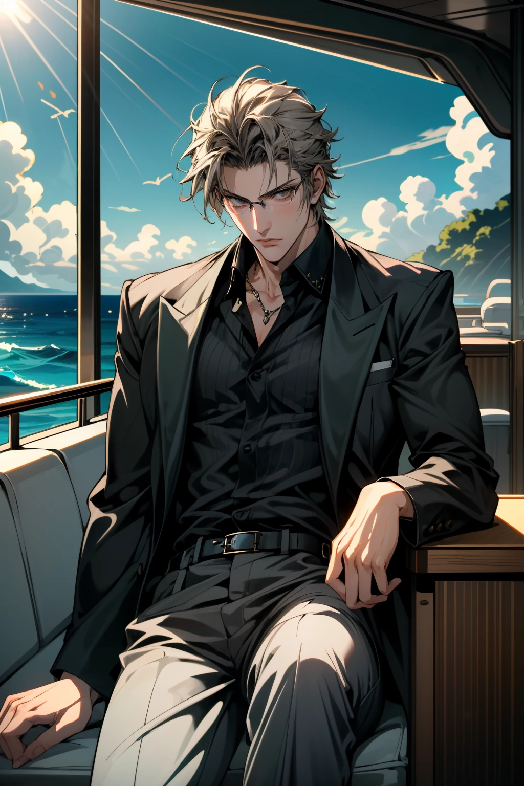 ((ultra detailed, masterpiece, absurdres))
<lora:FFIgnis:0.8>
FFIgnis, 1boy, glasses, lounging on a luxurious yacht, with the ocean stretching out behind him