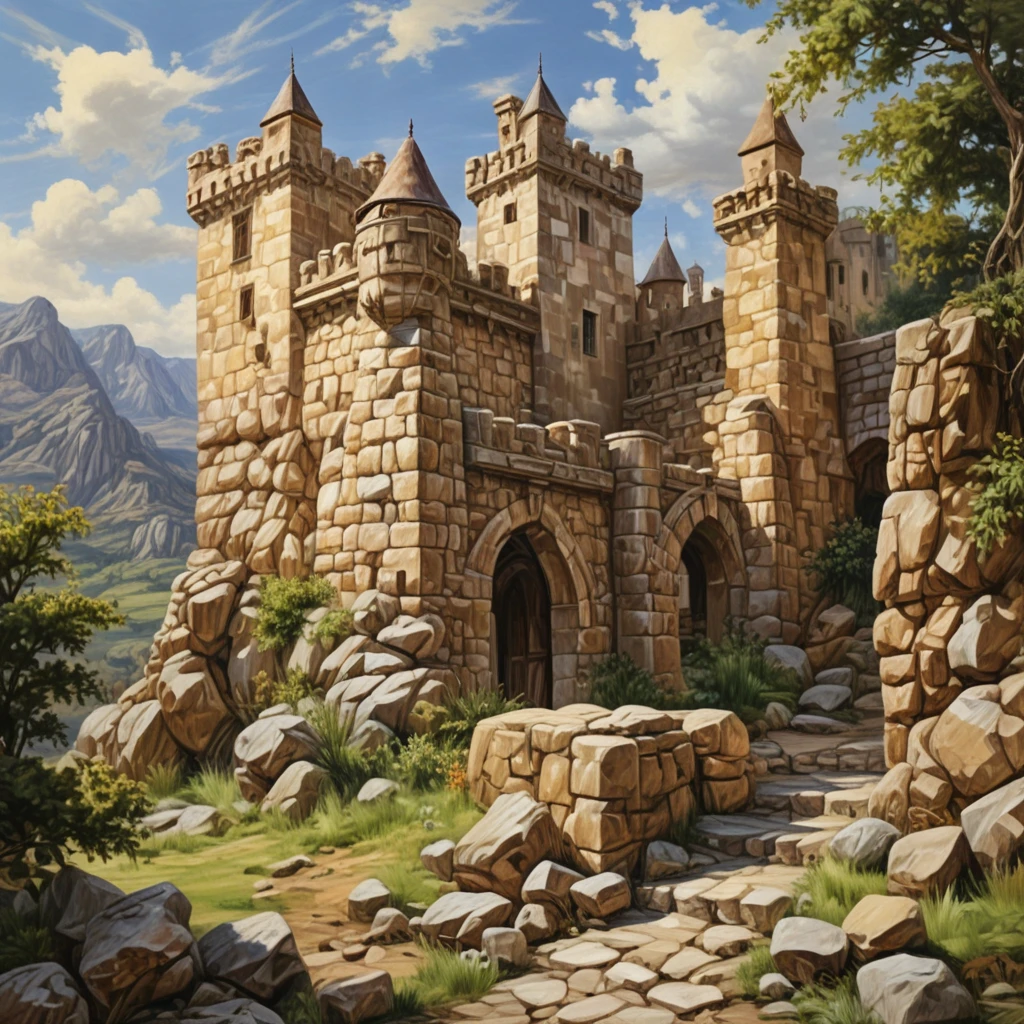 oil painting of a simple small castle made of stone blocks and arches 