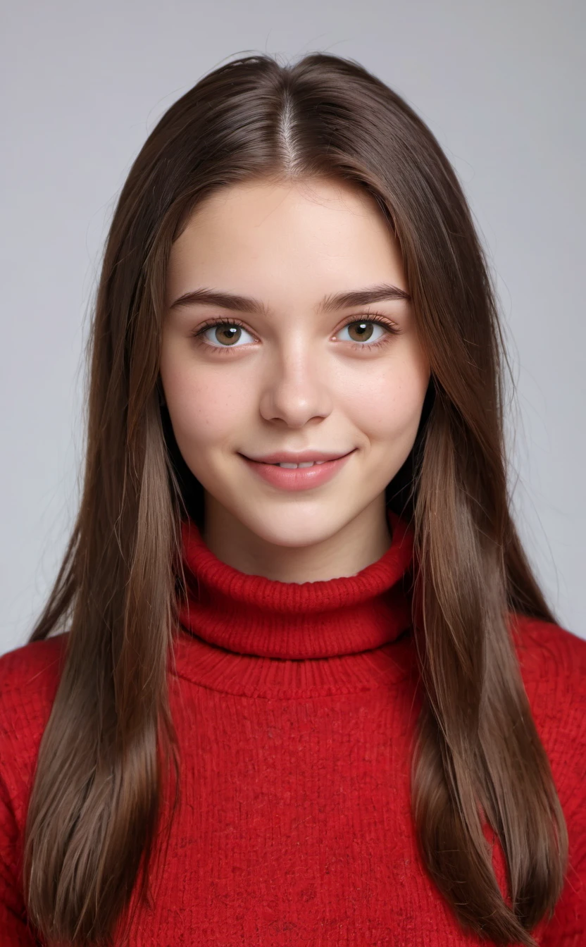 masterpiece,best quality, close up portrait of a 16 years old young girl wear (red color turtleneck sweater:1),A proud and confident smile expression,long hair,look at viewers,studio fashion portrait,studio light,pure white background,symmetry,