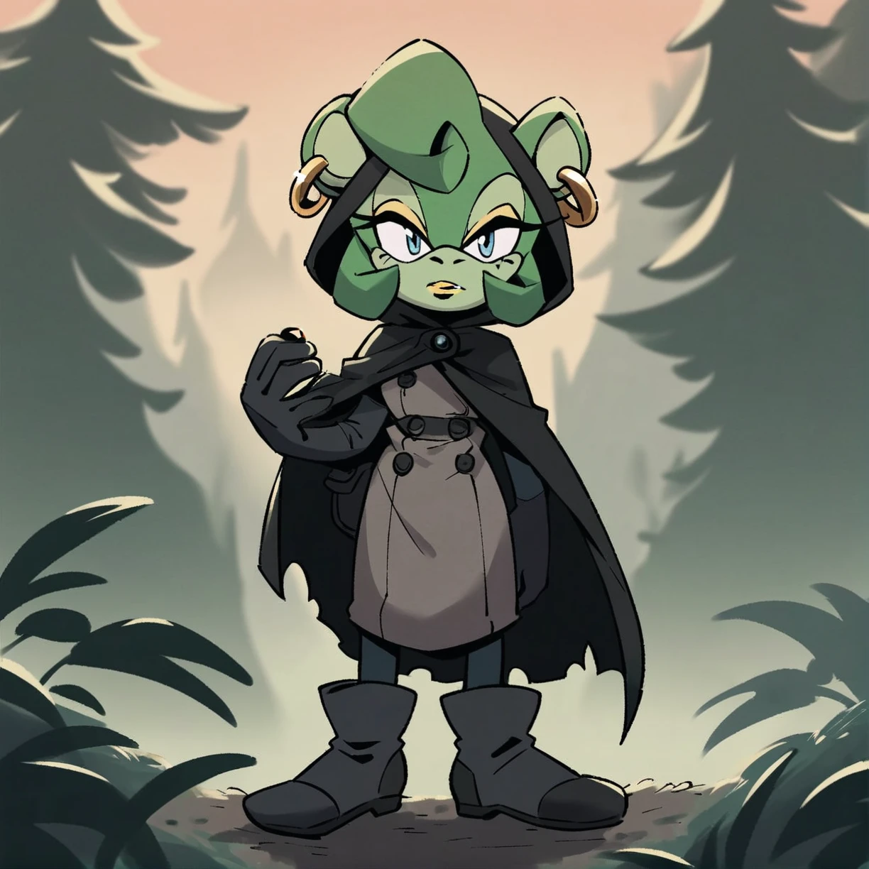 score_9, score_8_up, score_7_up, score_6_up, score_5_up, score_4_up, source_furry, rating_safe, <lora:Claire_Voyance_Sonic_PonyXL:0.6> claire voyance, solo, clothing, mammal, ear piercing, piercing, anthro, green body, cloak, footwear, green fur, fur, ear ring, hood, ring piercing, standing, topwear, green hair, monkey, howler monkey, mobian, female, sonic the hedgehog (comics), yellow lipstick, yellow eyeshadow, sonic the hedgehog (series), blue eyes, detailed background, in a misty forest, science fiction,
