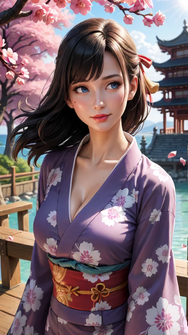 ((Best quality)), ((masterpiece)), ((realistic)), Girl with flawless beauty standing in a serene Japanese garden with cherry blossoms on eye level, scenic, masterpiece, (highres), original, extremely detailed 8K , (photorealistic:1.4),flawless face, perfect eyes,symmetrica body shape,smile,