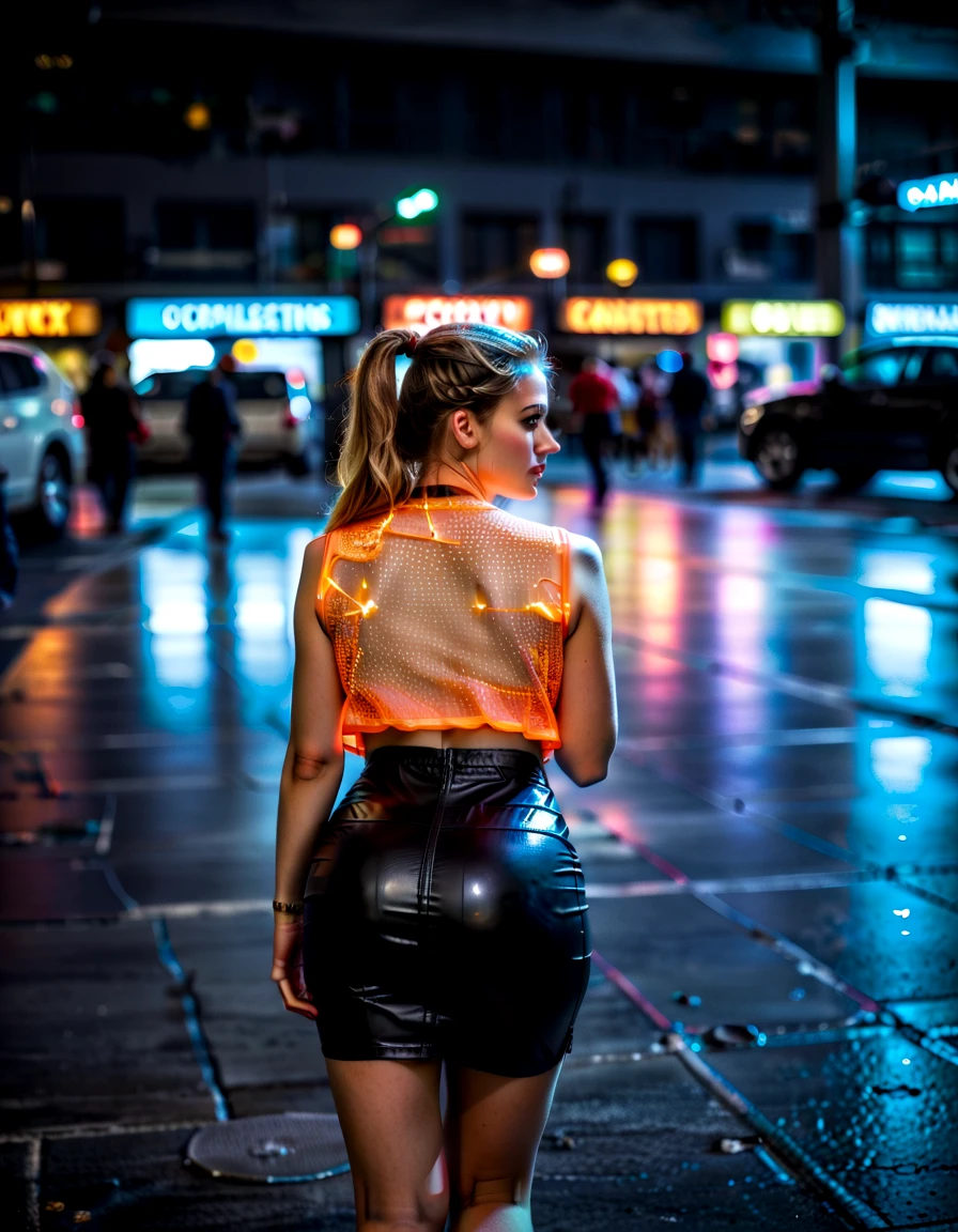 (from above, real life, cinematic, 1girl, cute, gorgeous blonde white 18yo girl, ponytail, alluring face, sexy, makeup, (wide hips, big ass), futuristic pencil skirt, sheer top), dynamic pose, score_8_up, score_9_up,, bloom, rim lighting, <lora:Beautiful face_alpha1.0_rank4_noxattn_last:.78>, <lora:Neon_Scene:0.80> neonscene, reflection, glowing, orange neon light everywhere, neon lights, darkness, neon spotlights, noise offset, light reflection, (bokeh, depth of field), electricity, sparks <lora:detailer_pony_v4:1>