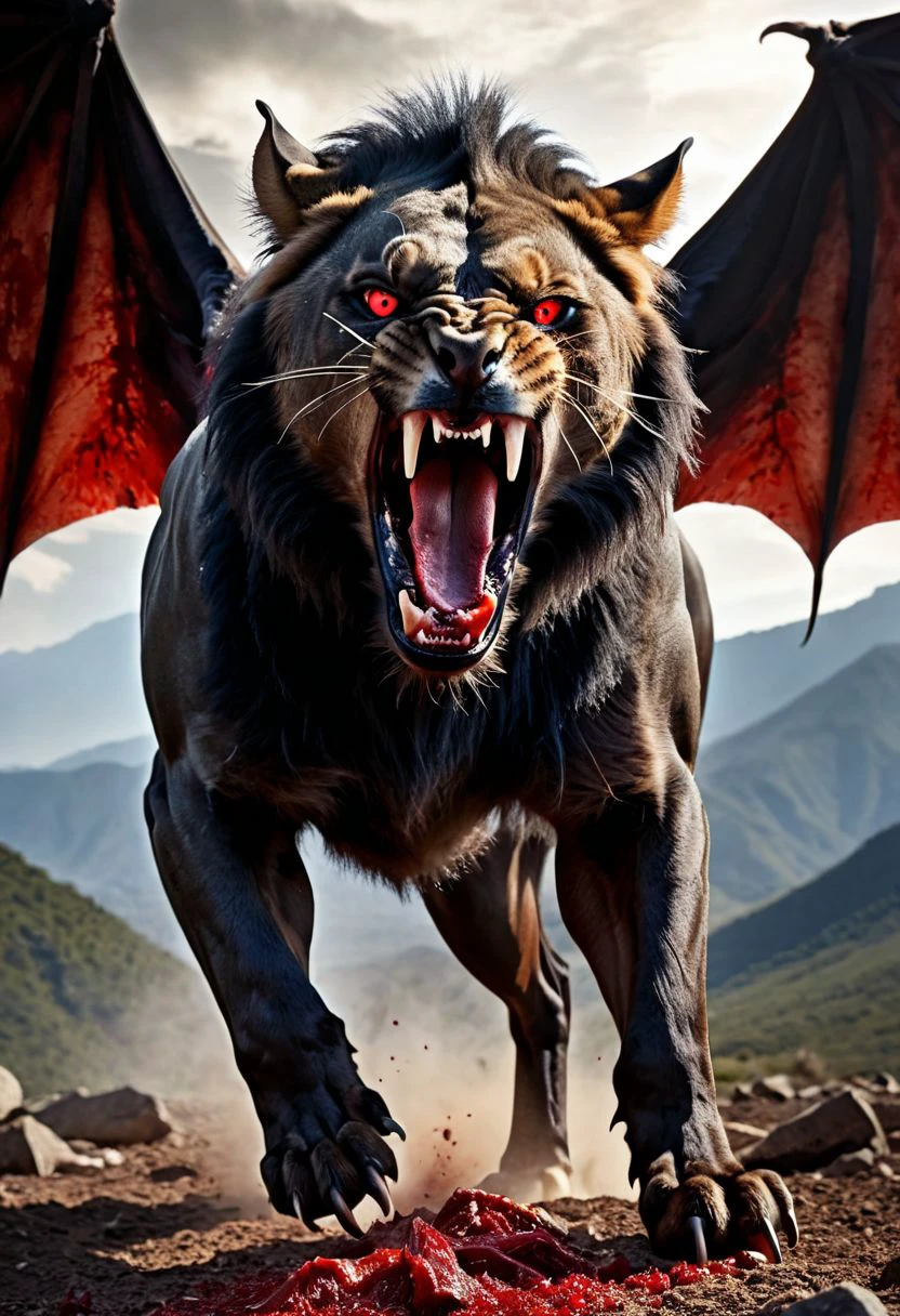 (masterpiece), best quality, large hybrid creature, combine a vampire bat and a lion, red eyes, roaring in anger, sharp teeth, wings out, black mane, mountainous setting, blood around mouth, blood and flesh strips on teeth, dead and gutted horse under clawed foot