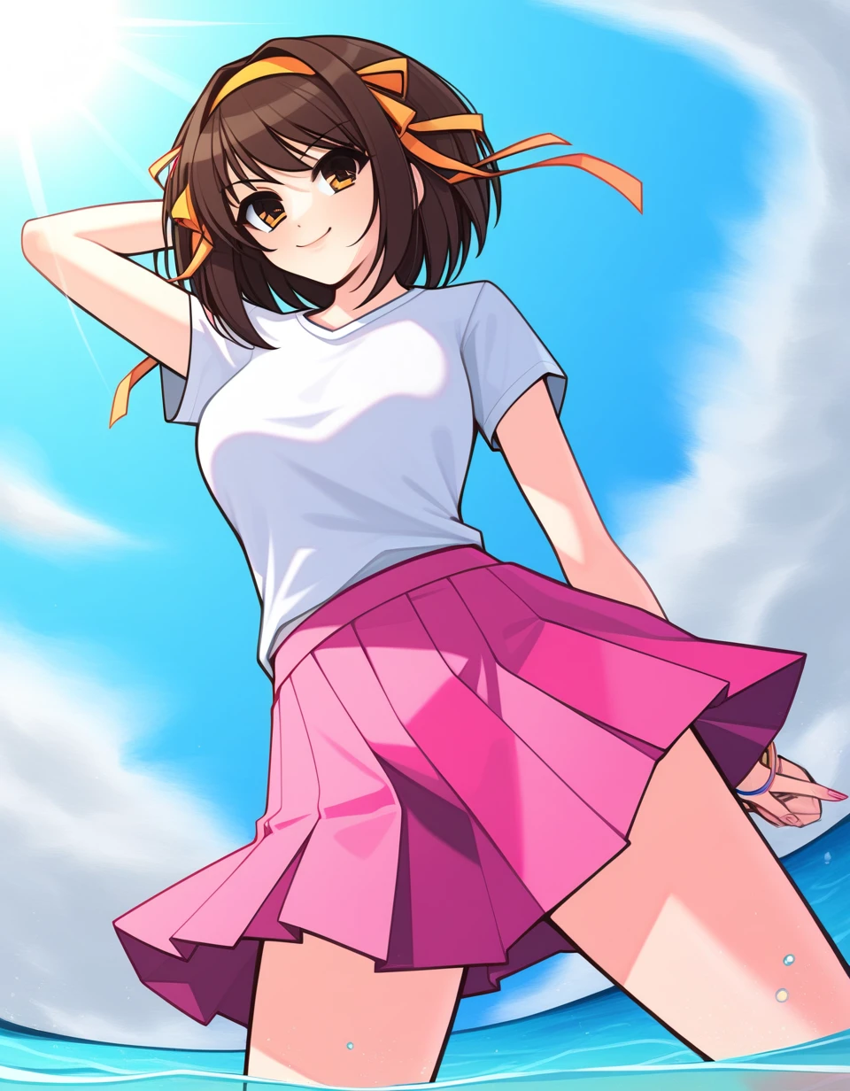 1 girl , hot pink skirt, <lora:hadeshockpinksk_sdxl_0001:0.9>, hadeshockpinksk, ( suzumiya haruhi ) , ( solo ) , anime , master piece , ultra-detailed, 4k , standing, look straight at viewer ,  skirt ,  clothes , leather   skirt, BREAK , white t-shirt  ,  , sea  , slightly low angle shot