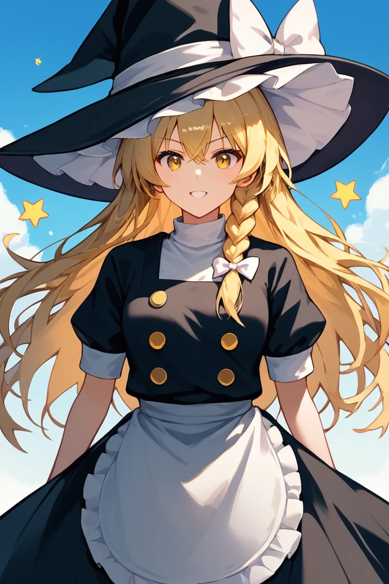 score_9, score_8_up, score_8, score_9, 1 girl,  source_anime, <lora:kirisame_marisa_pony-10:0.8> kirisame marisa,  blonde hair, yellow eyes, single braid, witch hat, white ribbon, black skirt, black shirt, short sleeves, waist apron, [star \(symbol\)], cowboy shot,  <lora:anime impasto_pony:0.8>