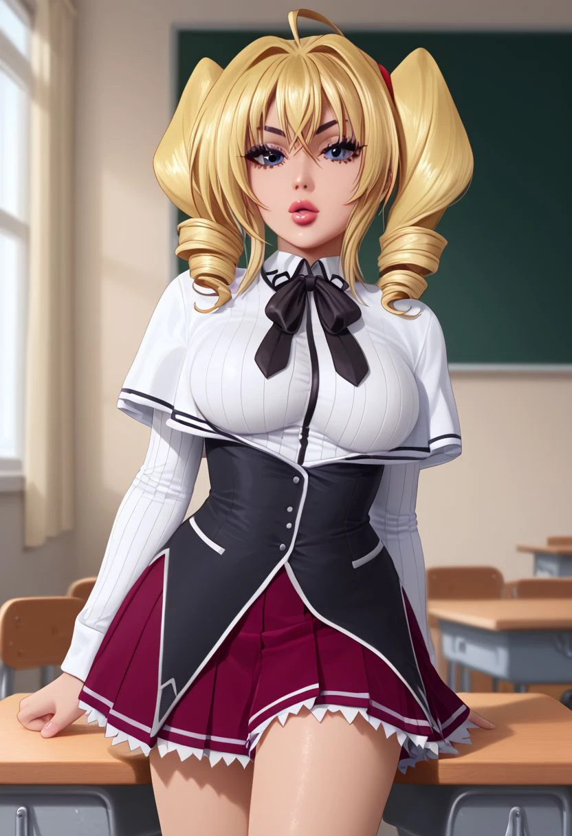 Masterpiece, best quality, high quality, highres, 4k, detailed face, Expressiveh, ravel phenex, blonde hair, blue eyes, twin drills, medium hair, large breasts, ahoge, shortstack, parted lips, shiny lips, lipgloss, gyaru, bmbplora, long eyelashes, kuohacademy, school uniform, black capelet, white shirt, black ribbon, neck ribbon, long sleeves, corset, red skirt, pleated skirt, classroom, cowboy shot,